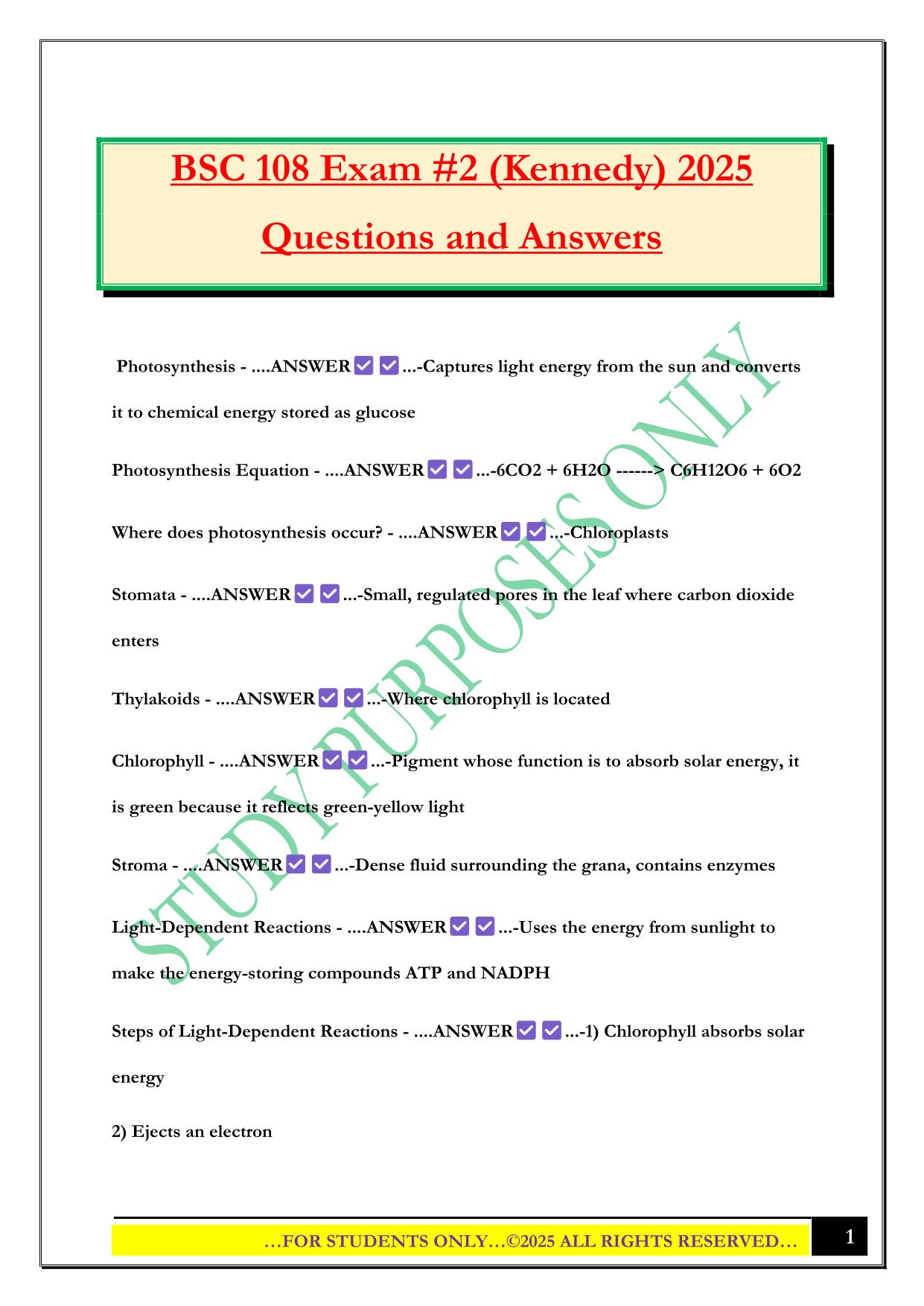 BSC 108 Exam #2 (Kennedy) 2025 Questions and Answers