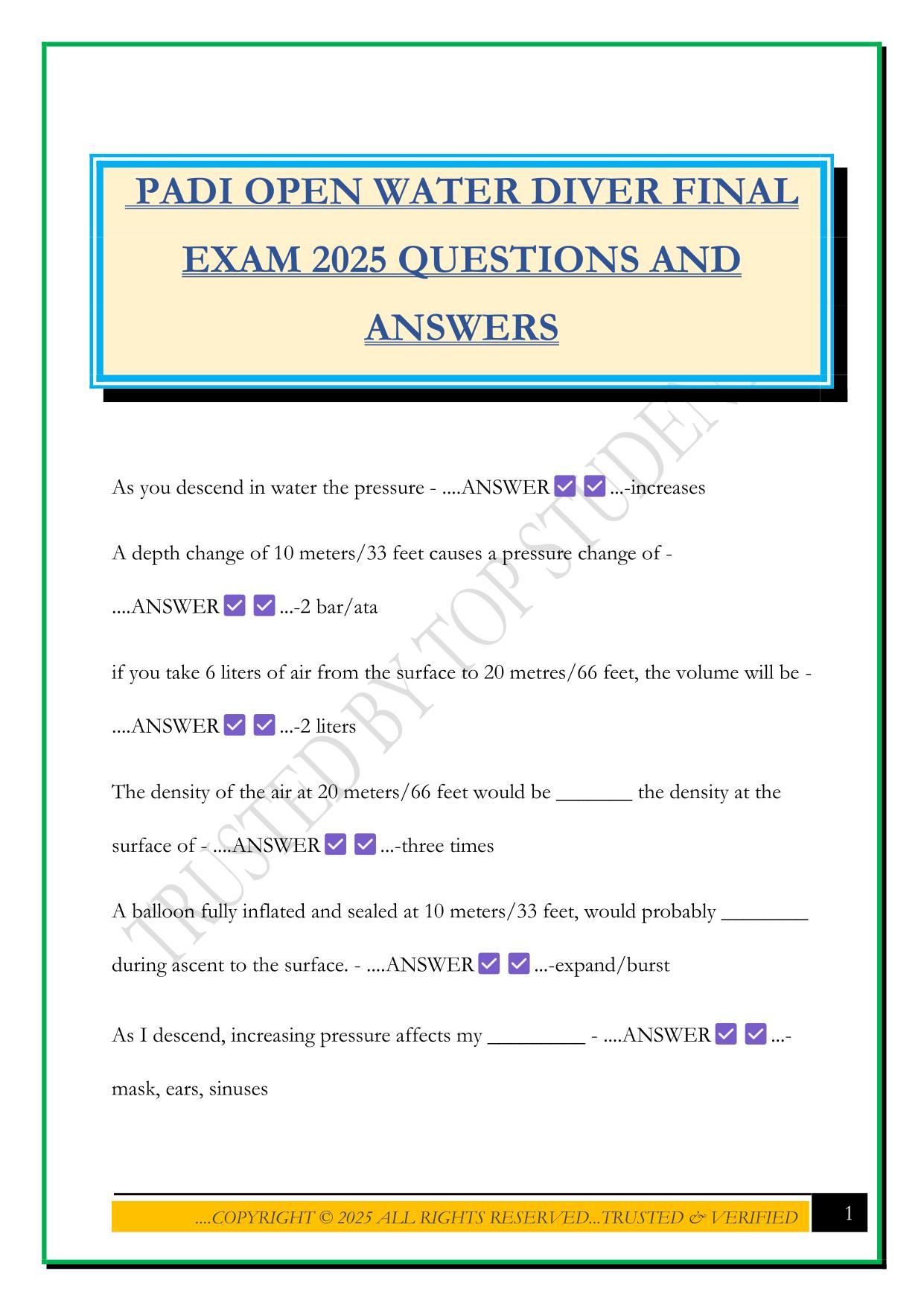 PADI OPEN WATER DIVER FINAL EXAM 2025 QUESTIONS AND ANSWERS