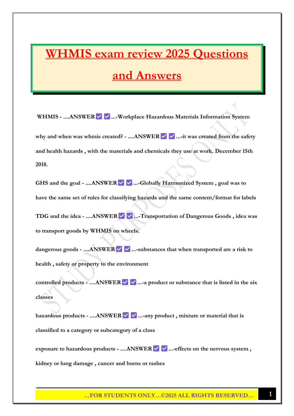 WHMIS exam review 2025 Questions and Answers