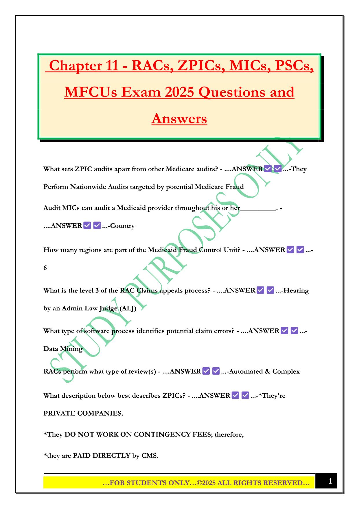 Chapter 11 - RACs, ZPICs, MICs, PSCs, MFCUs Exam 2025 Questions and Answers