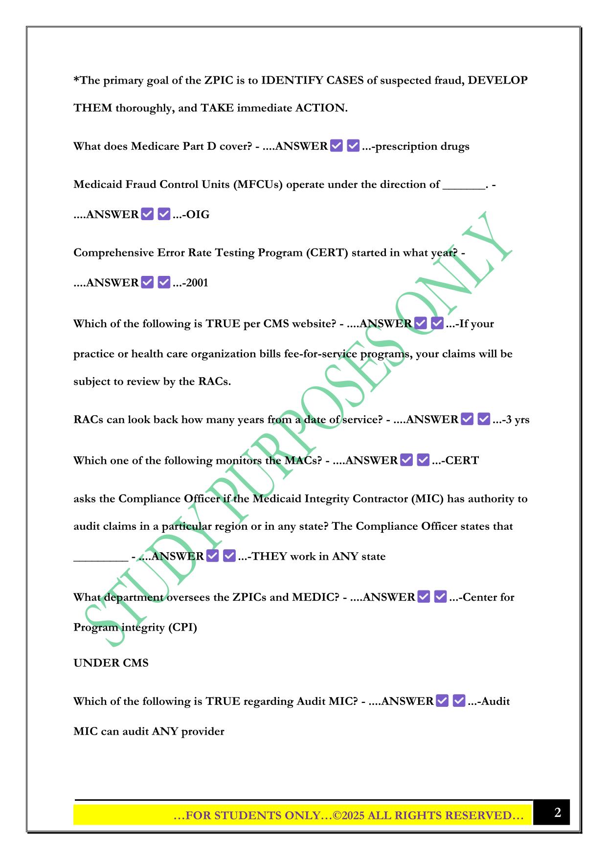 Chapter 11 - RACs, ZPICs, MICs, PSCs, MFCUs Exam 2025 Questions and Answers