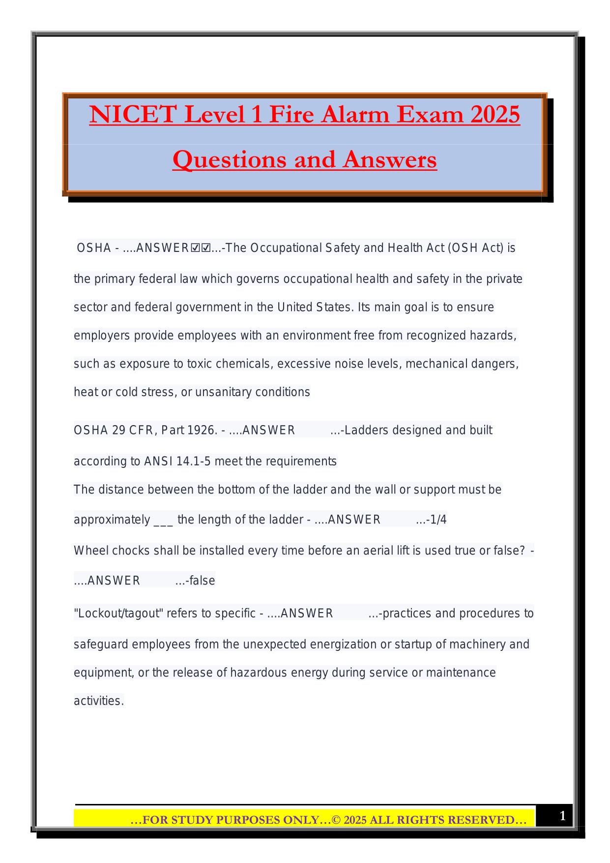 NICET Level 1 Fire Alarm Exam 2025 Questions and Answers