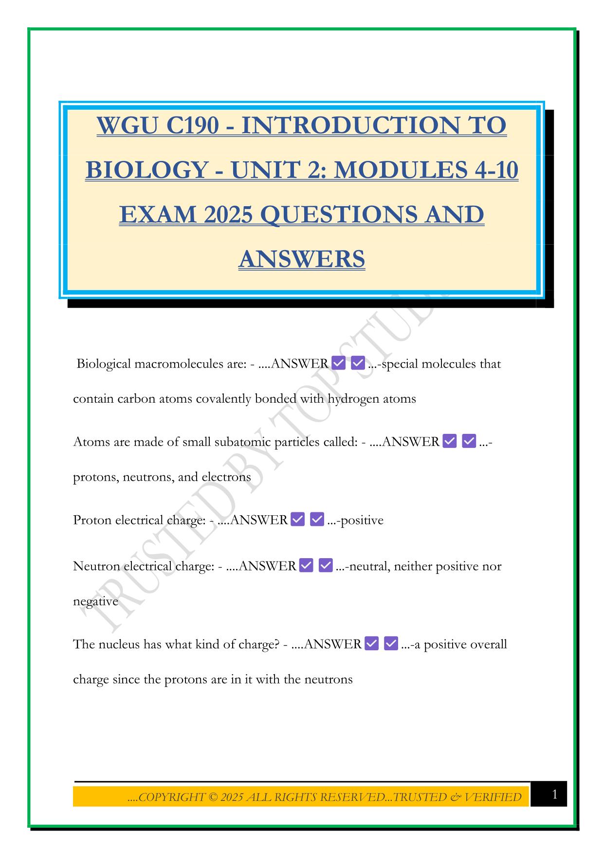 WGU C190 - INTRODUCTION TO BIOLOGY - UNIT 2: MODULES 4-10 EXAM 2025 QUESTIONS AND ANSWERS