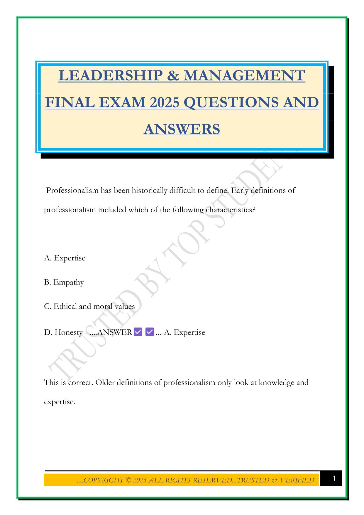 LEADERSHIP & MANAGEMENT FINAL EXAM 2025 QUESTIONS AND ANSWERS