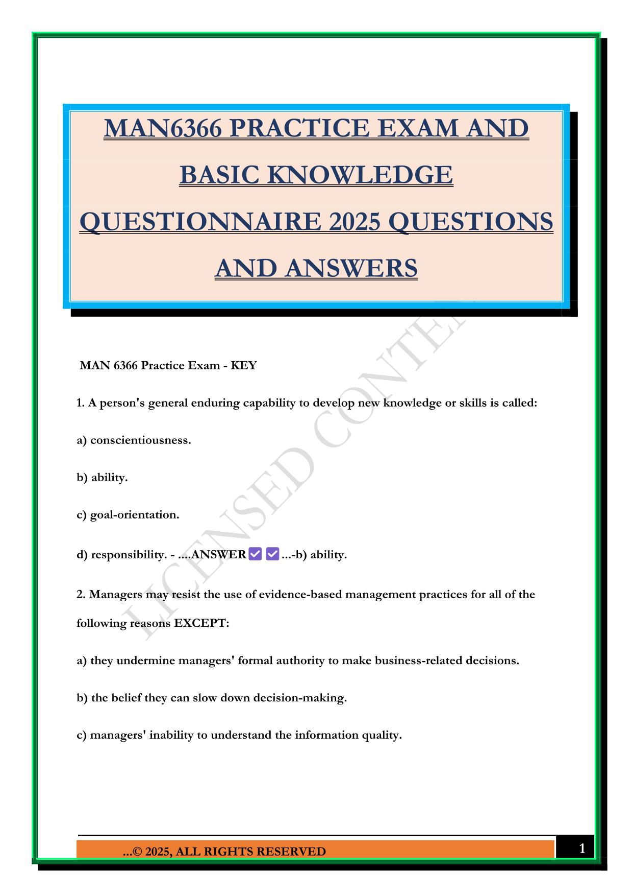 MAN6366 PRACTICE EXAM AND BASIC KNOWLEDGE QUESTIONNAIRE 2025 QUESTIONS AND ANSWERS