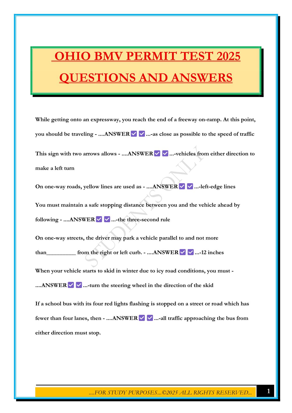 OHIO BMV PERMIT TEST 2025 QUESTIONS AND ANSWERS