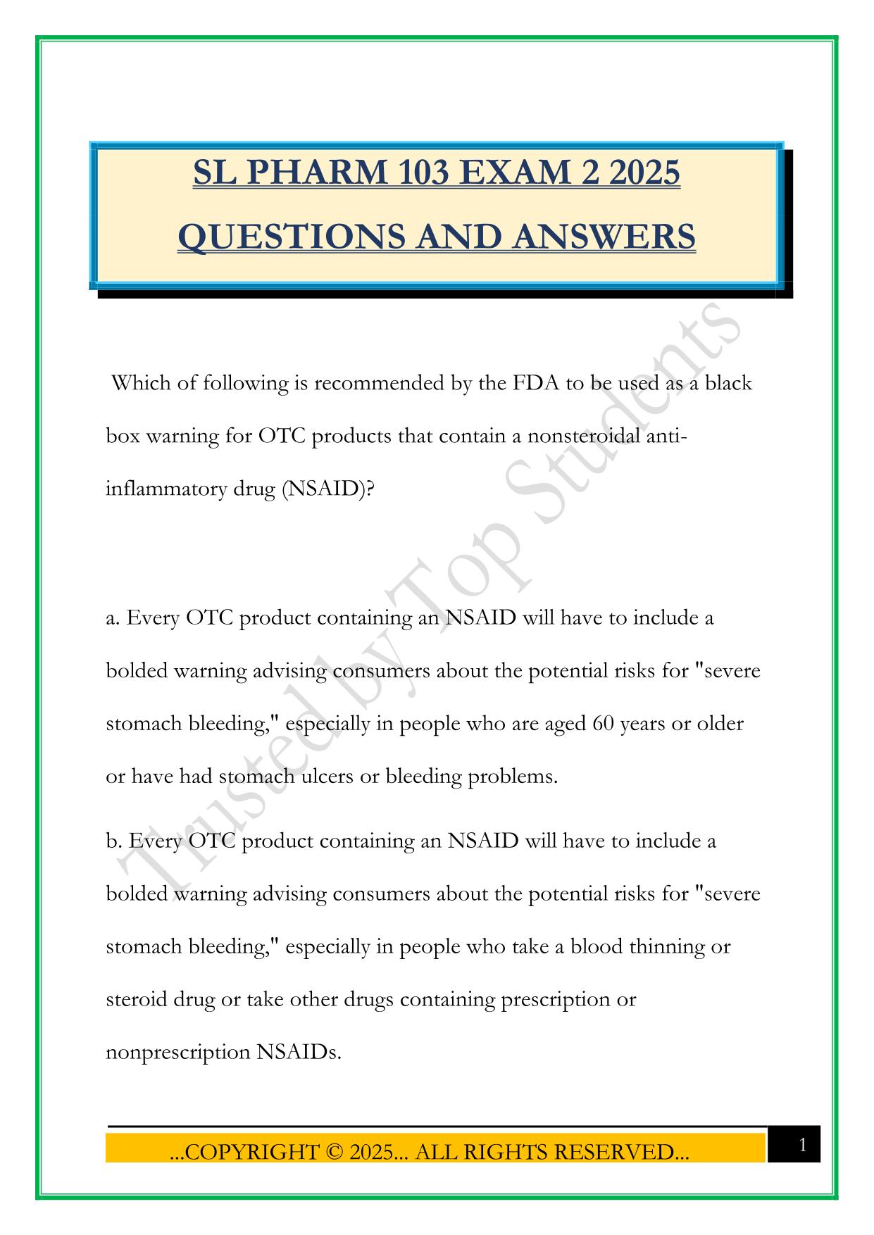 SL PHARM 103 EXAM 2 2025 QUESTIONS AND ANSWERS