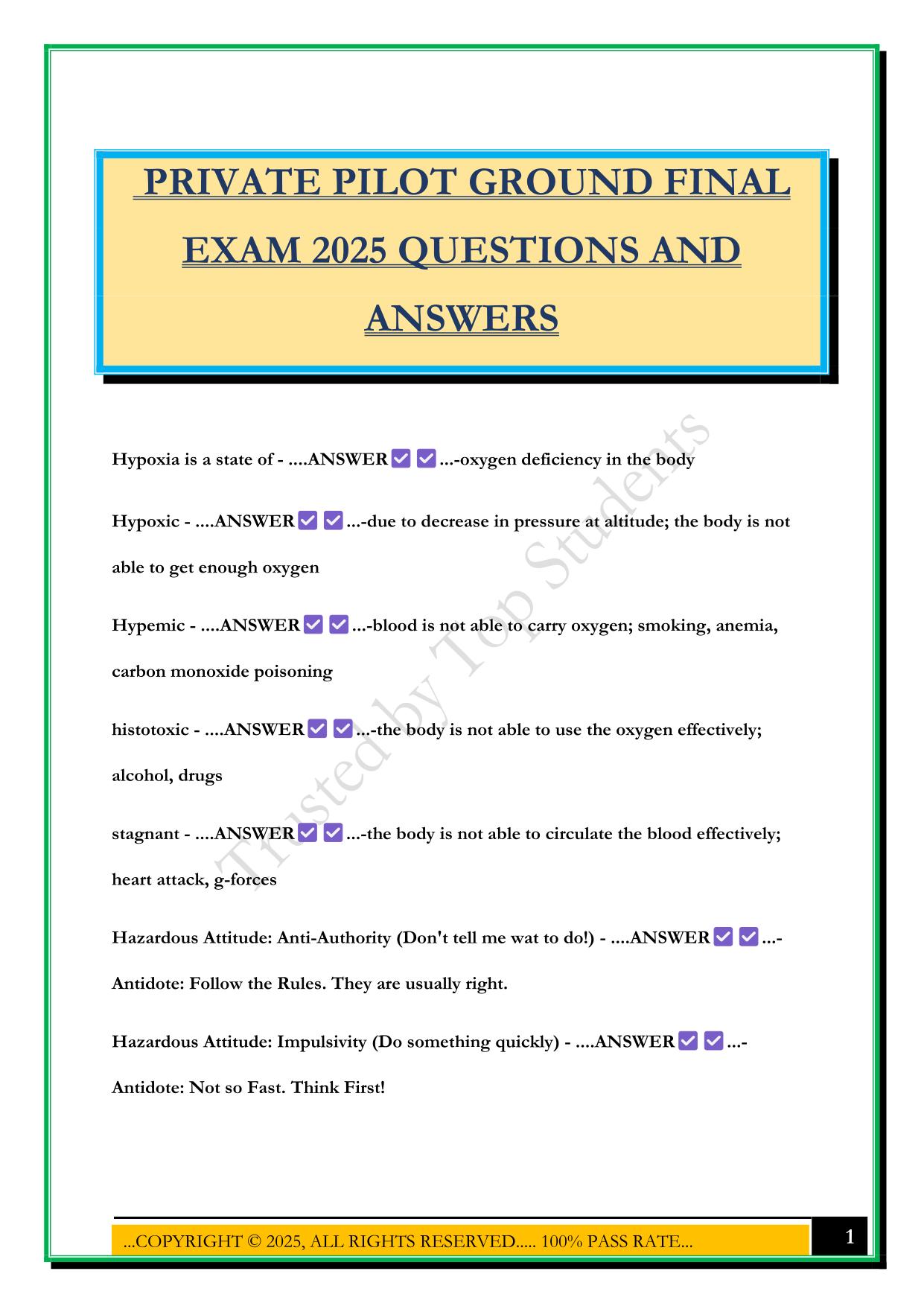 PRIVATE PILOT GROUND FINAL EXAM 2025 QUESTIONS AND ANSWERS