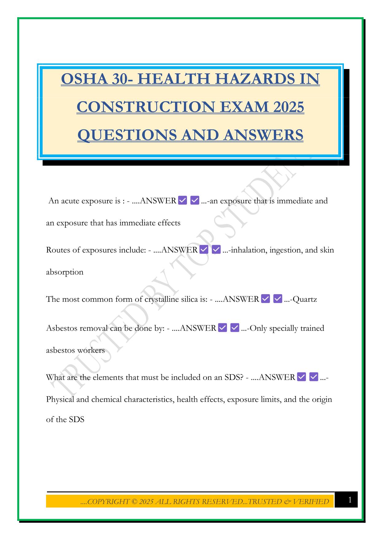 OSHA 30- HEALTH HAZARDS IN CONSTRUCTION EXAM 2025 QUESTIONS AND ANSWERS