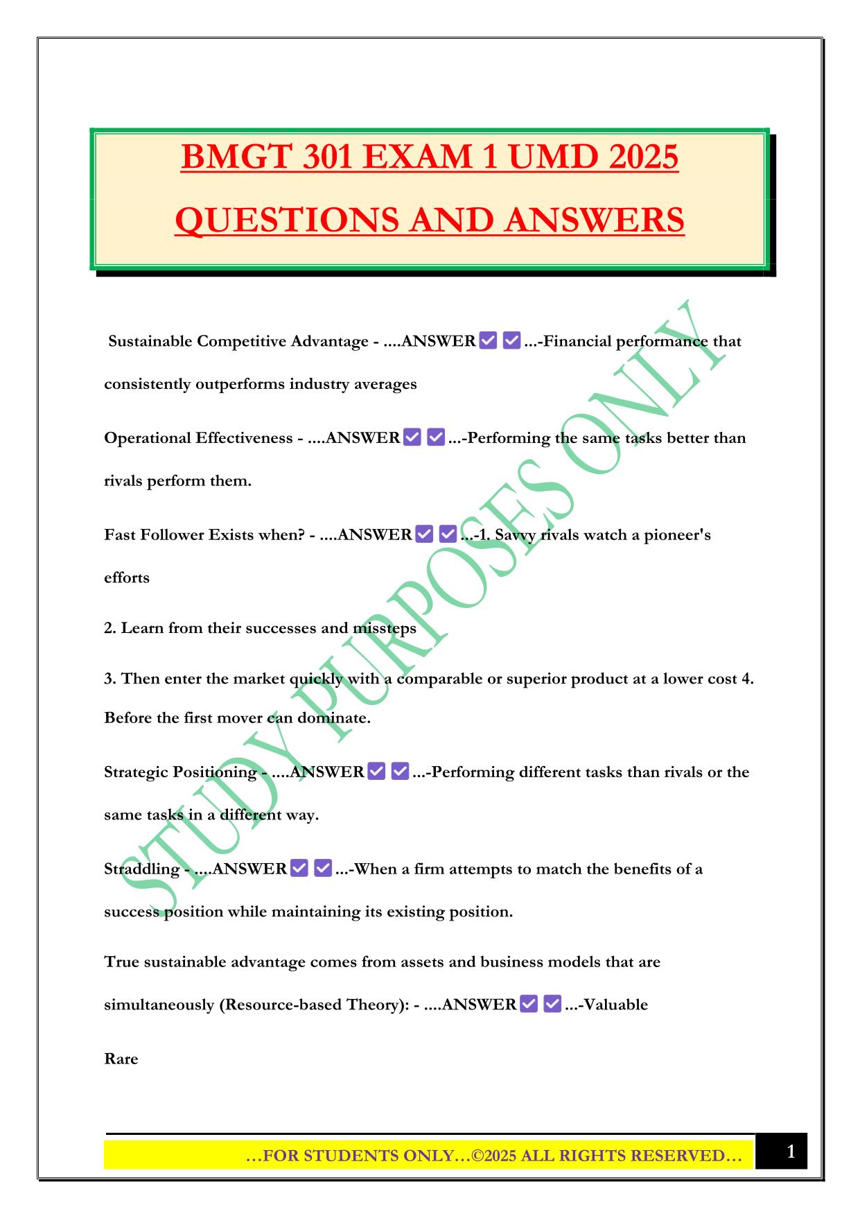 BMGT 301 EXAM 1 UMD 2025 QUESTIONS AND ANSWERS