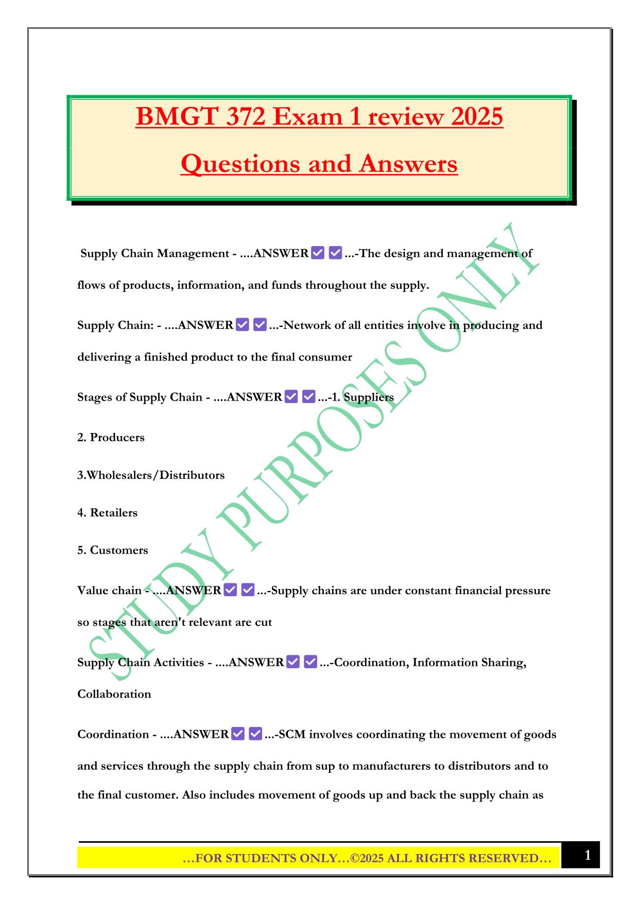 BMGT 372 Exam 1 review 2025 Questions and Answers