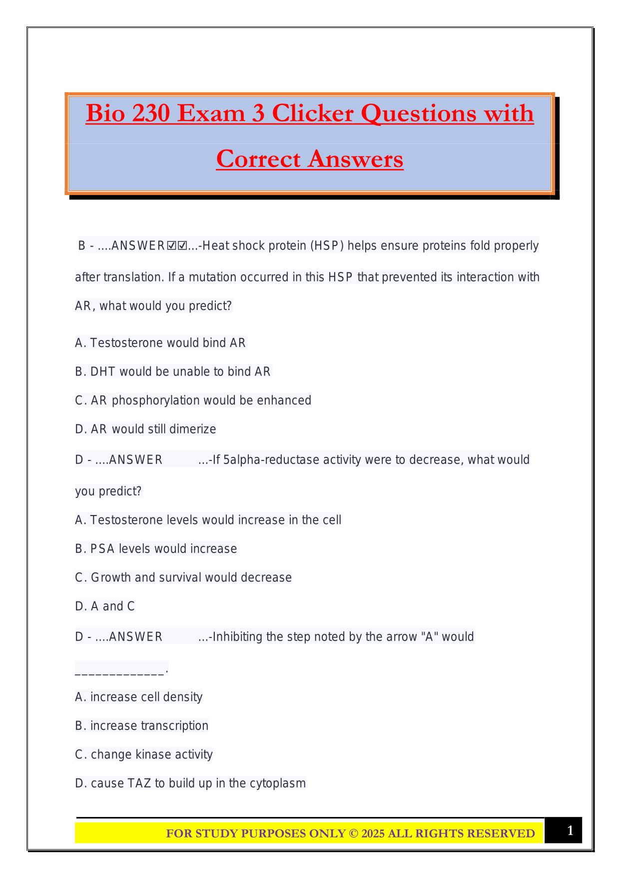 Bio 230 Exam 3 Clicker Questions with Correct Answers