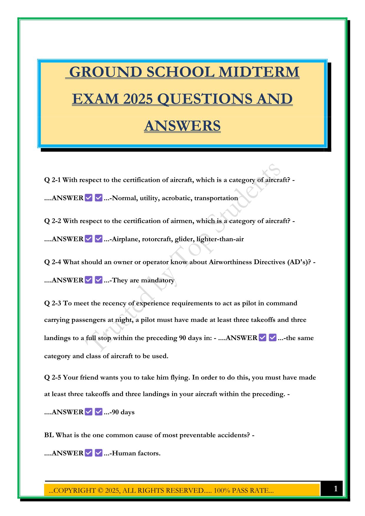 GROUND SCHOOL MIDTERM EXAM 2025 QUESTIONS AND ANSWERS