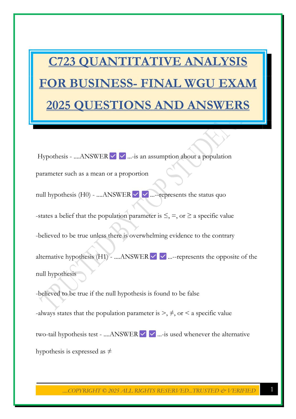 C723 QUANTITATIVE ANALYSIS FOR BUSINESS- FINAL WGU EXAM 2025 QUESTIONS AND ANSWERS