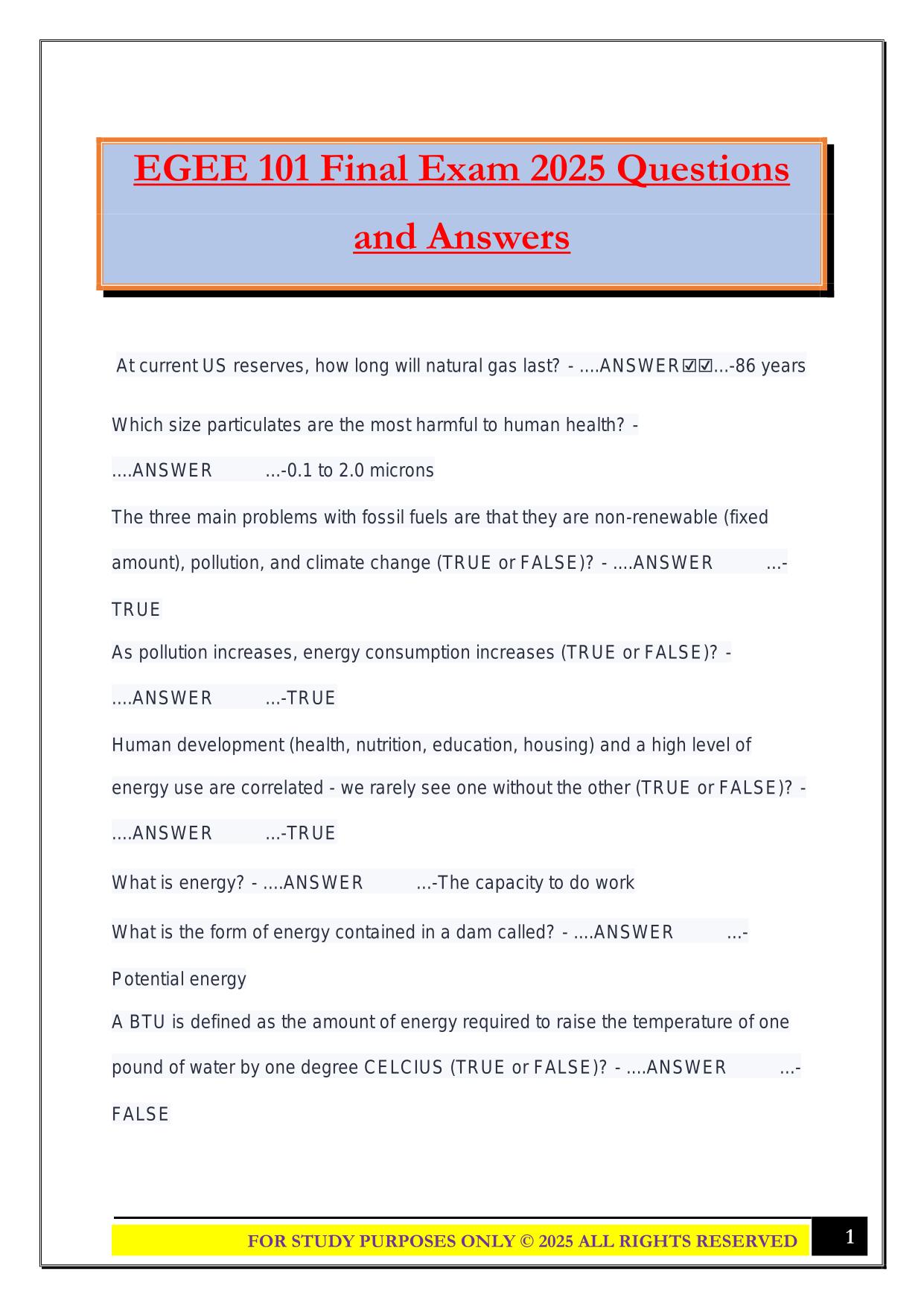 EGEE 101 Final Exam 2025 Questions and Answers