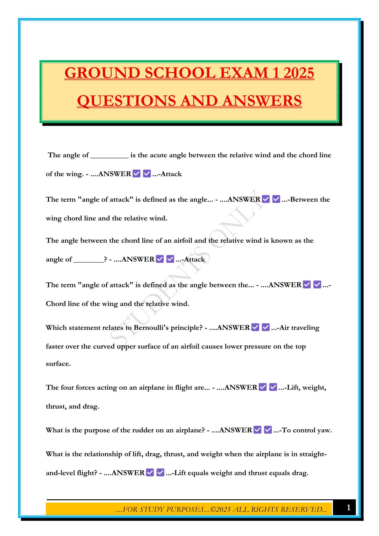 GROUND SCHOOL EXAM 1 2025 QUESTIONS AND ANSWERS