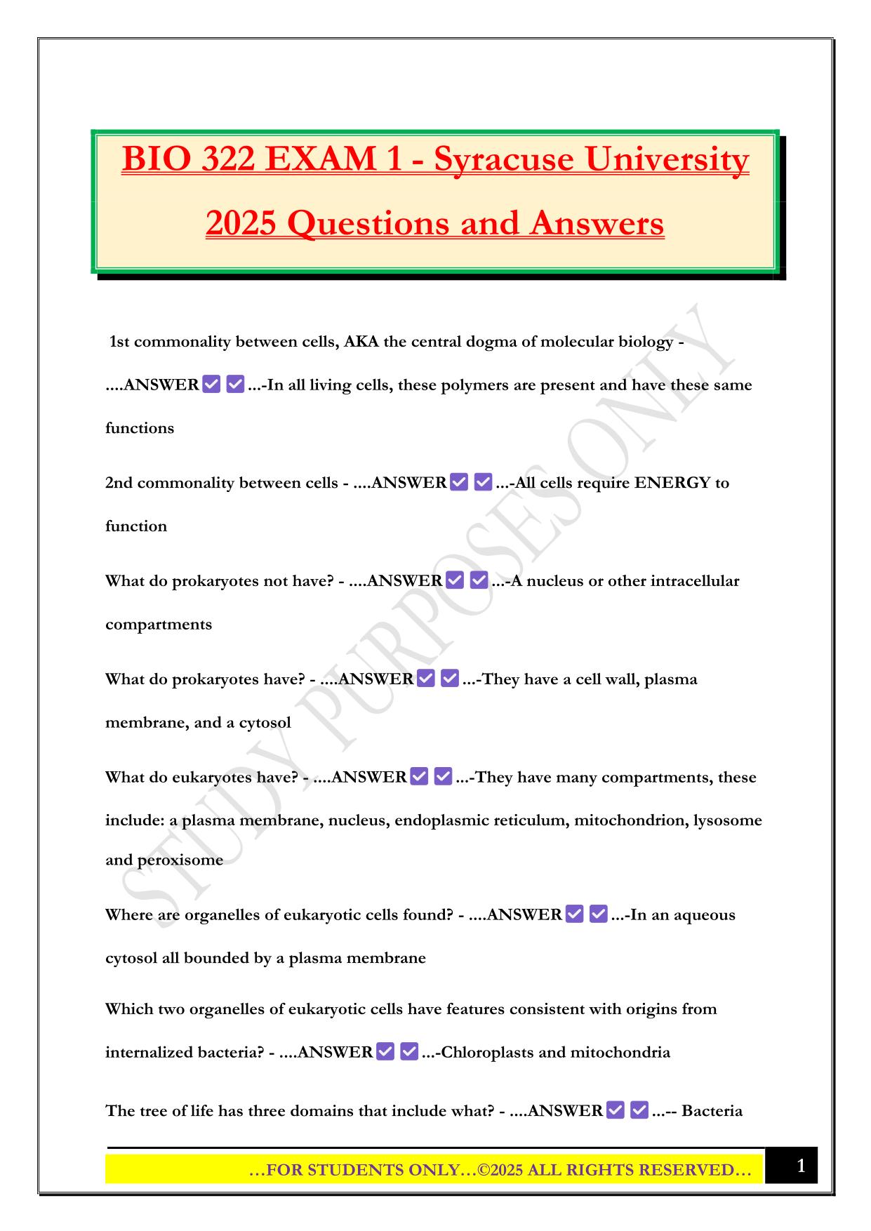 BIO 322 EXAM 1 - Syracuse University 2025 Questions and Answers
