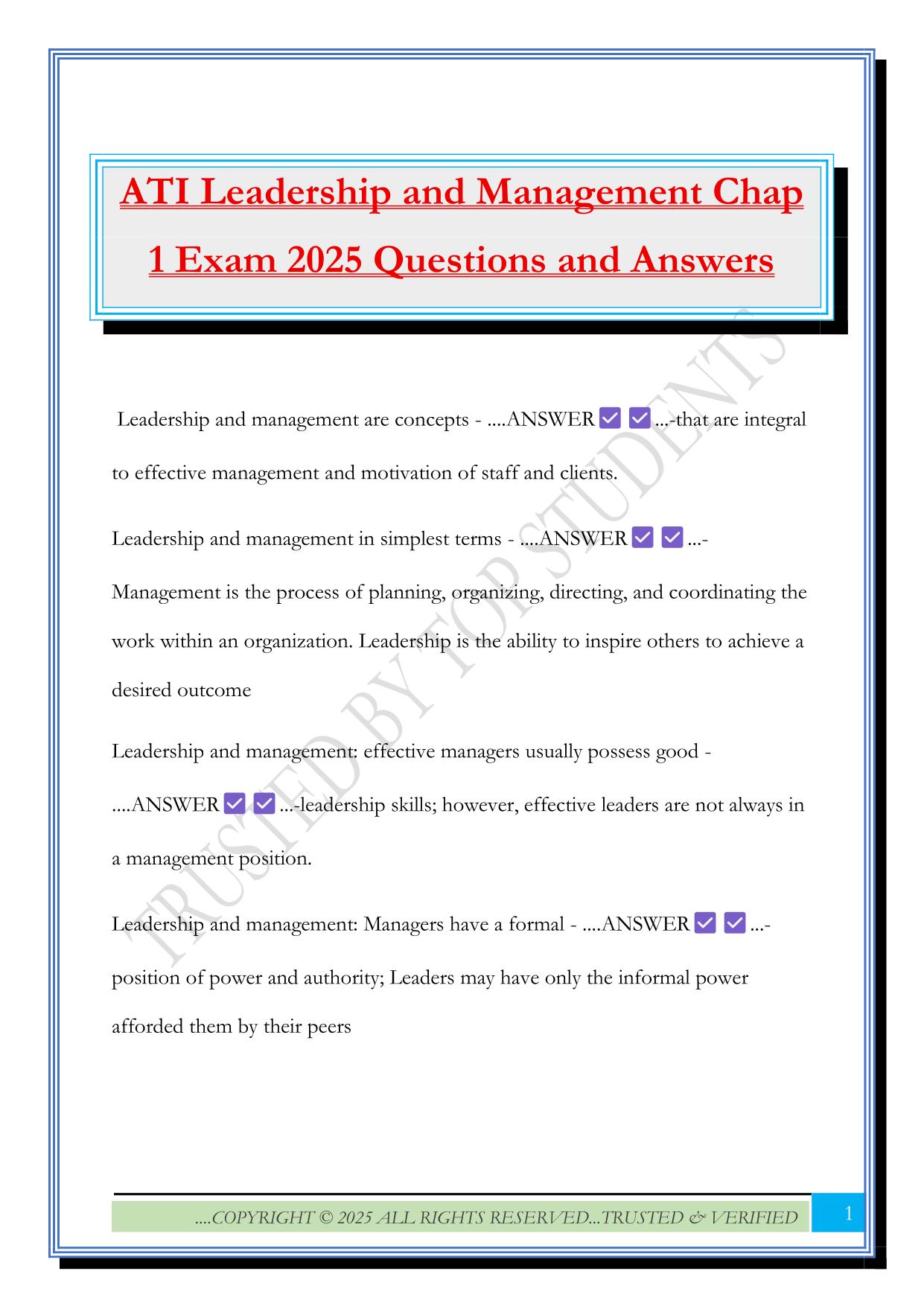 ATI Leadership and Management Chap 1 Exam 2025 Questions and Answers