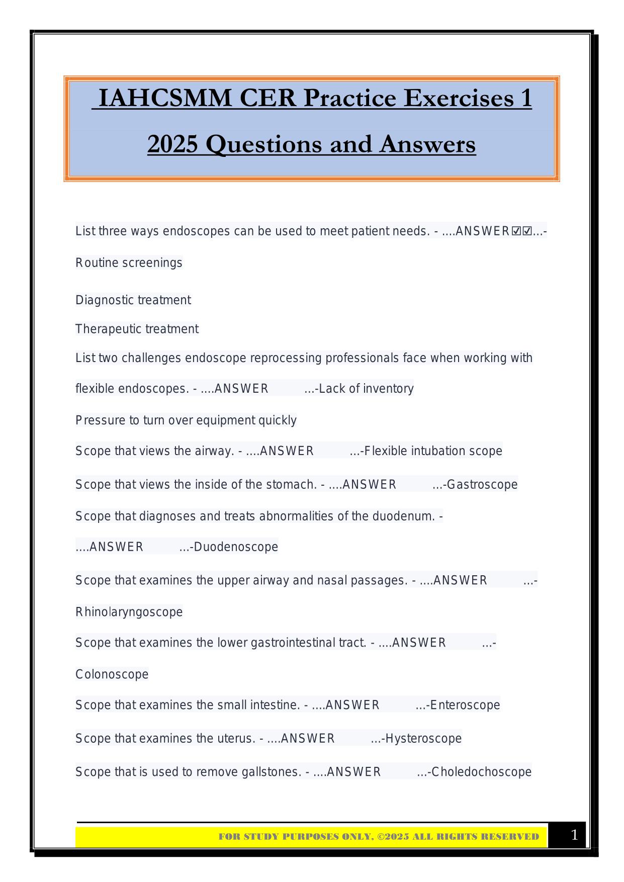 IAHCSMM CER Practice Exercises 1 2025 Questions and Answers