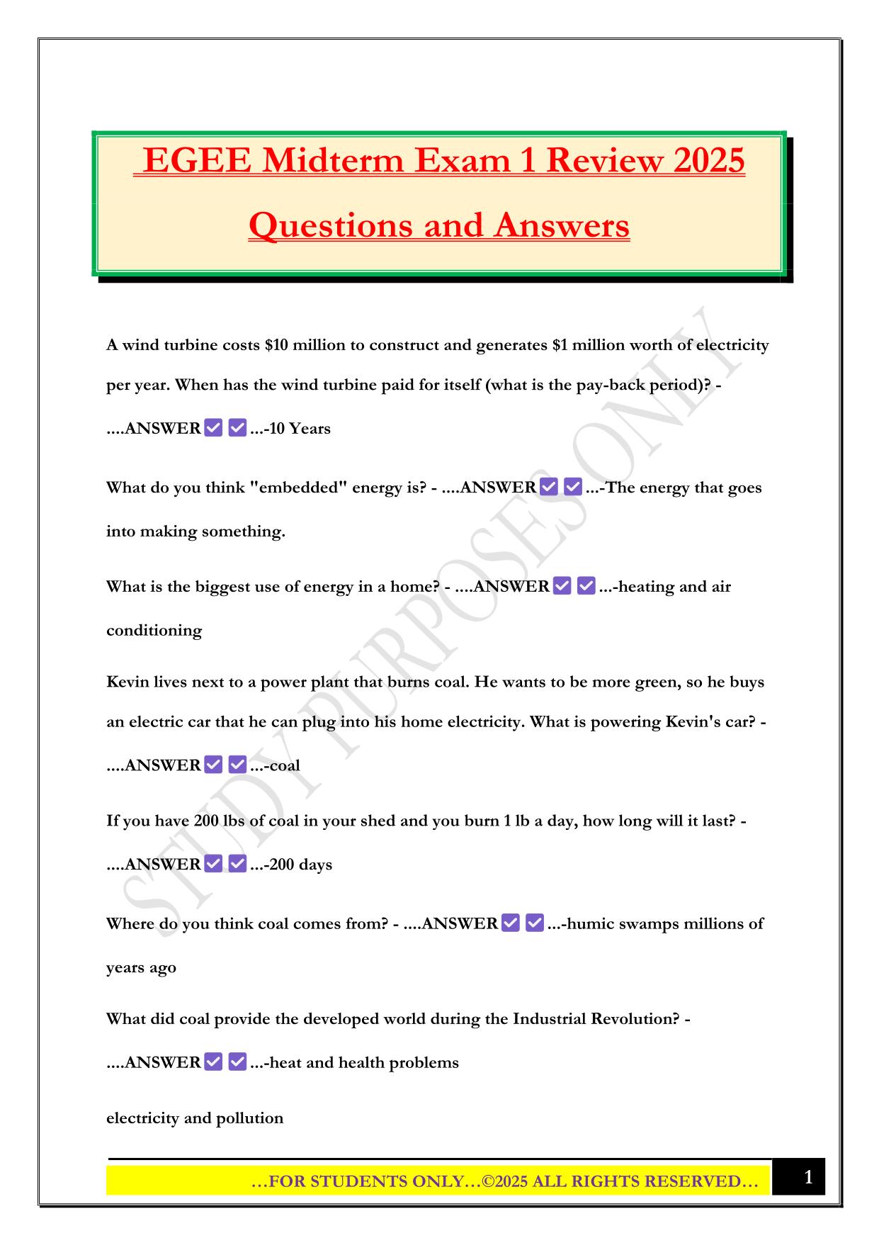 EGEE Midterm Exam 1 Review 2025 Questions and Answers