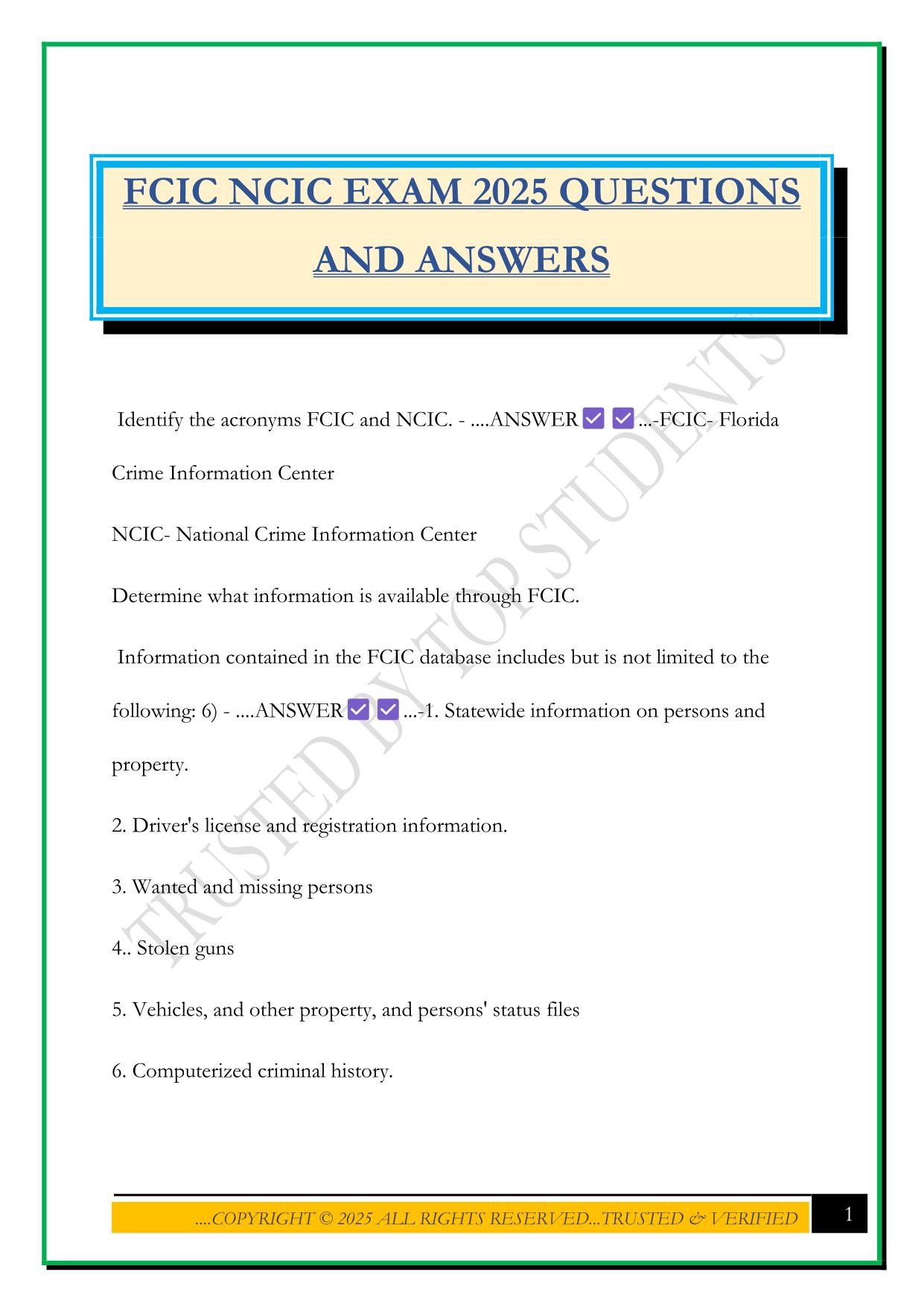 FCIC NCIC EXAM 2025 QUESTIONS AND ANSWERS