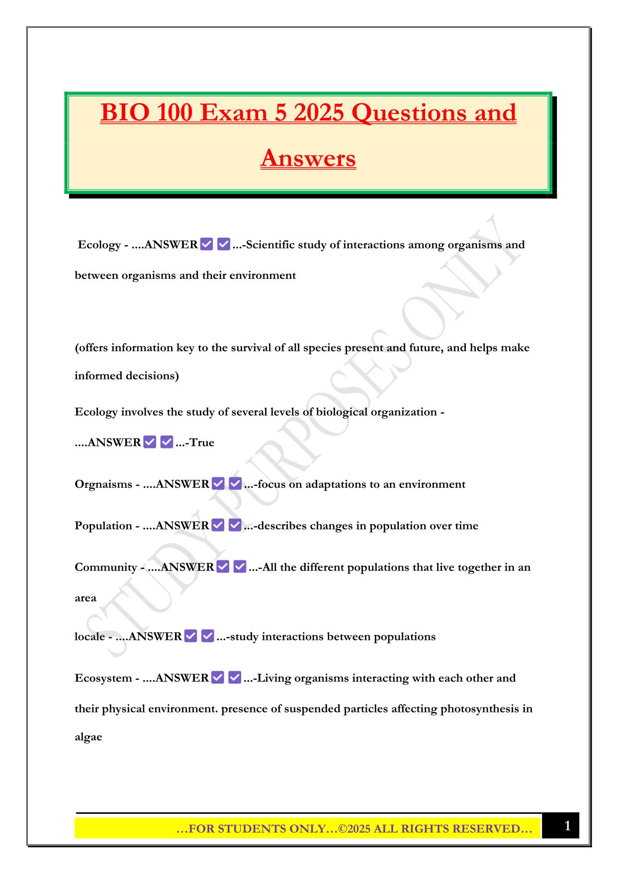 BIO 100 Exam 5 2025 Questions and Answers