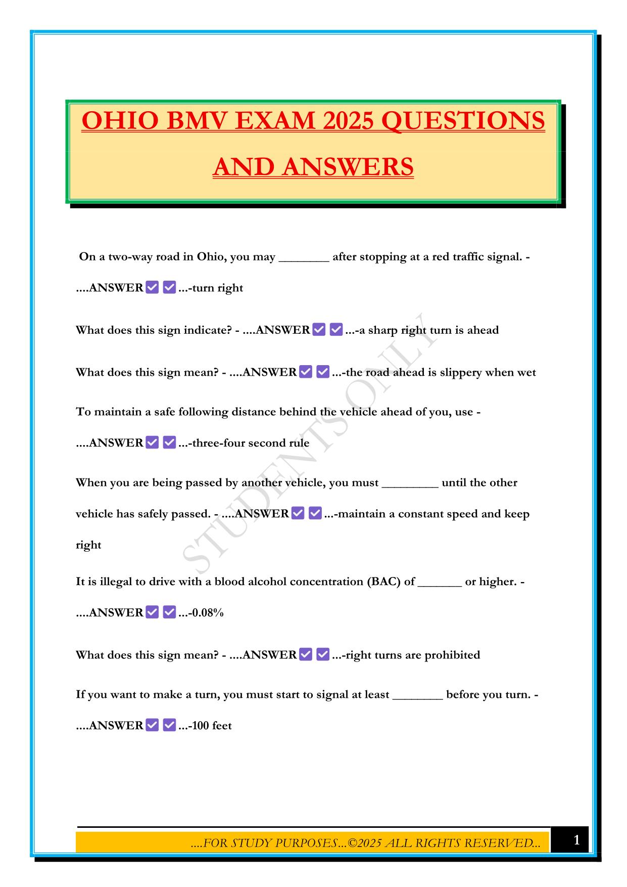 OHIO BMV EXAM 2025 QUESTIONS AND ANSWERS