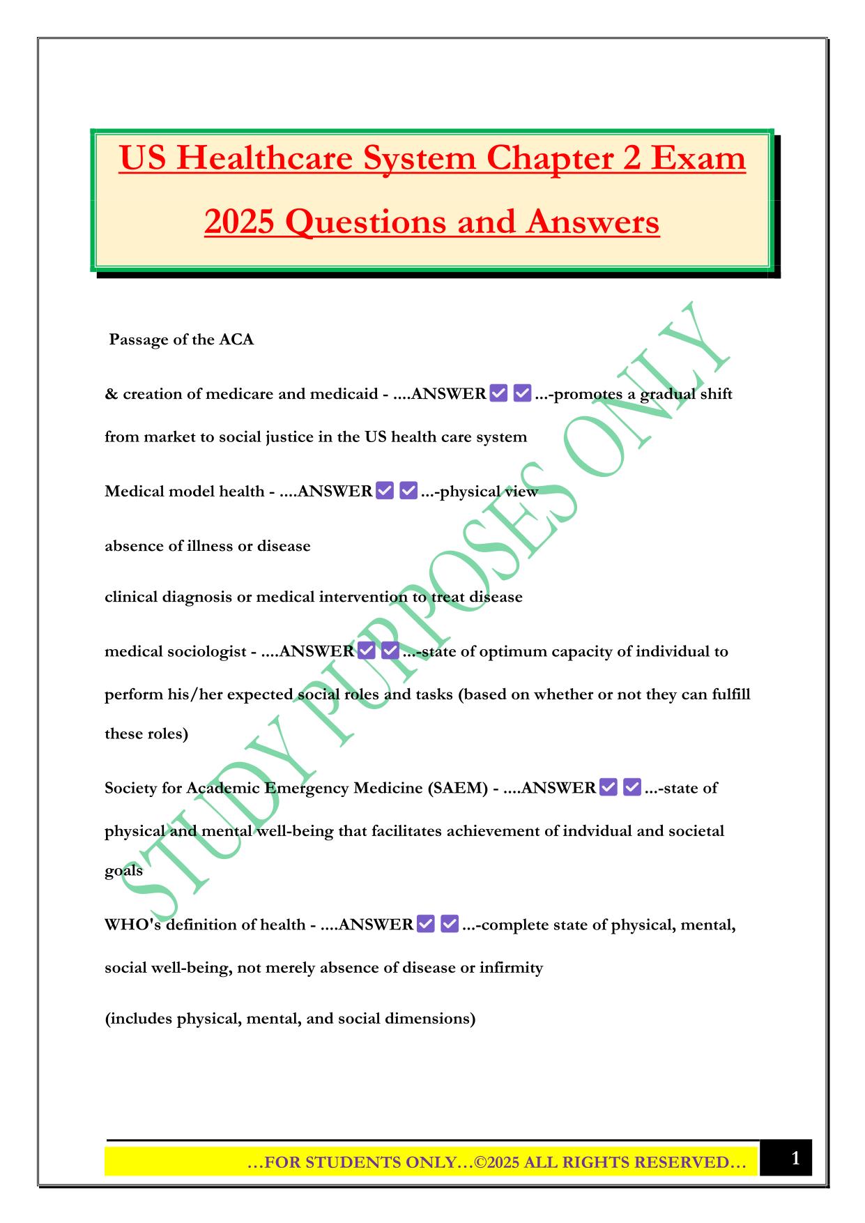 US Healthcare System Chapter 2 Exam 2025 Questions and Answers