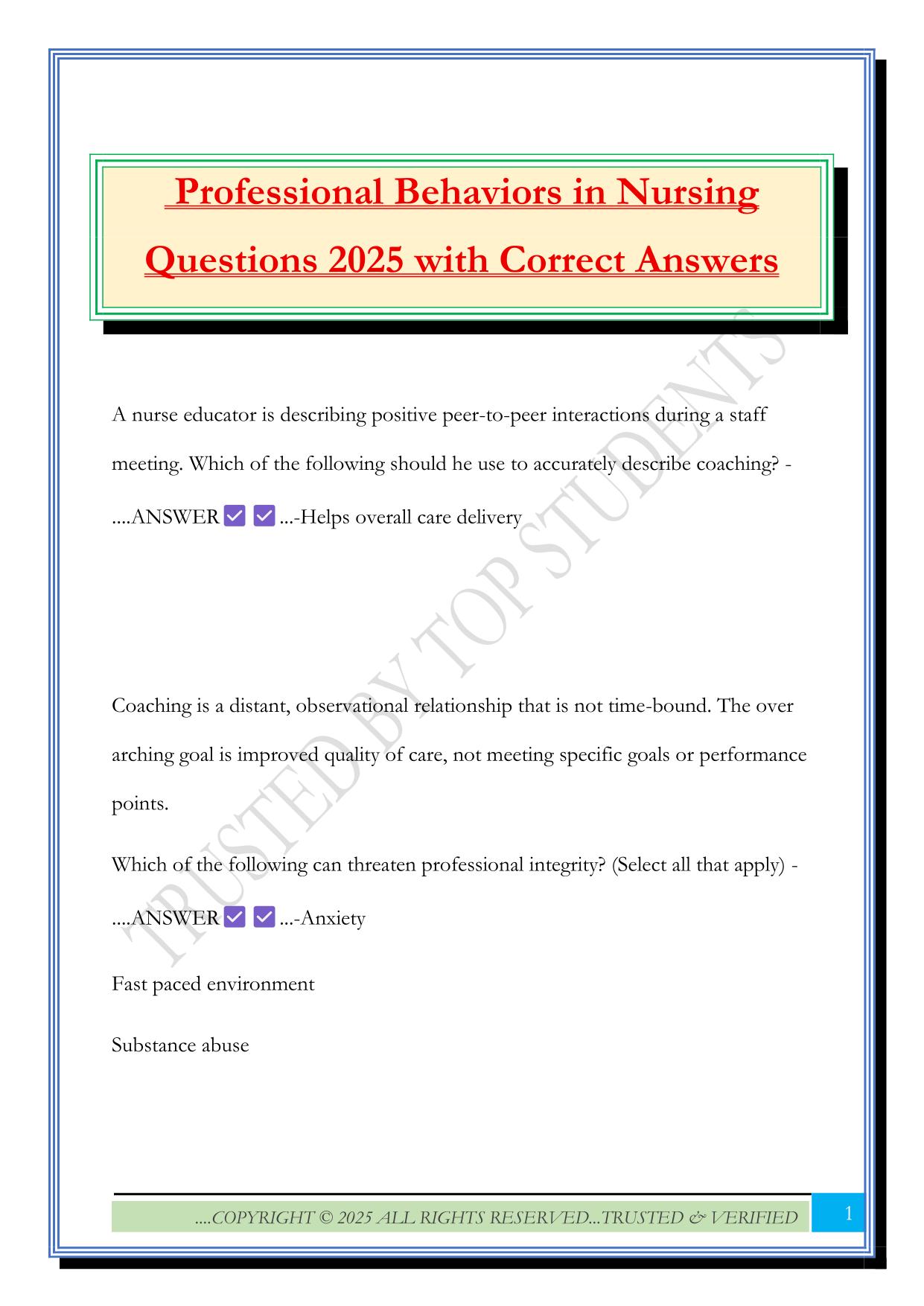 Professional Behaviors in Nursing Questions 2025 with Correct Answers