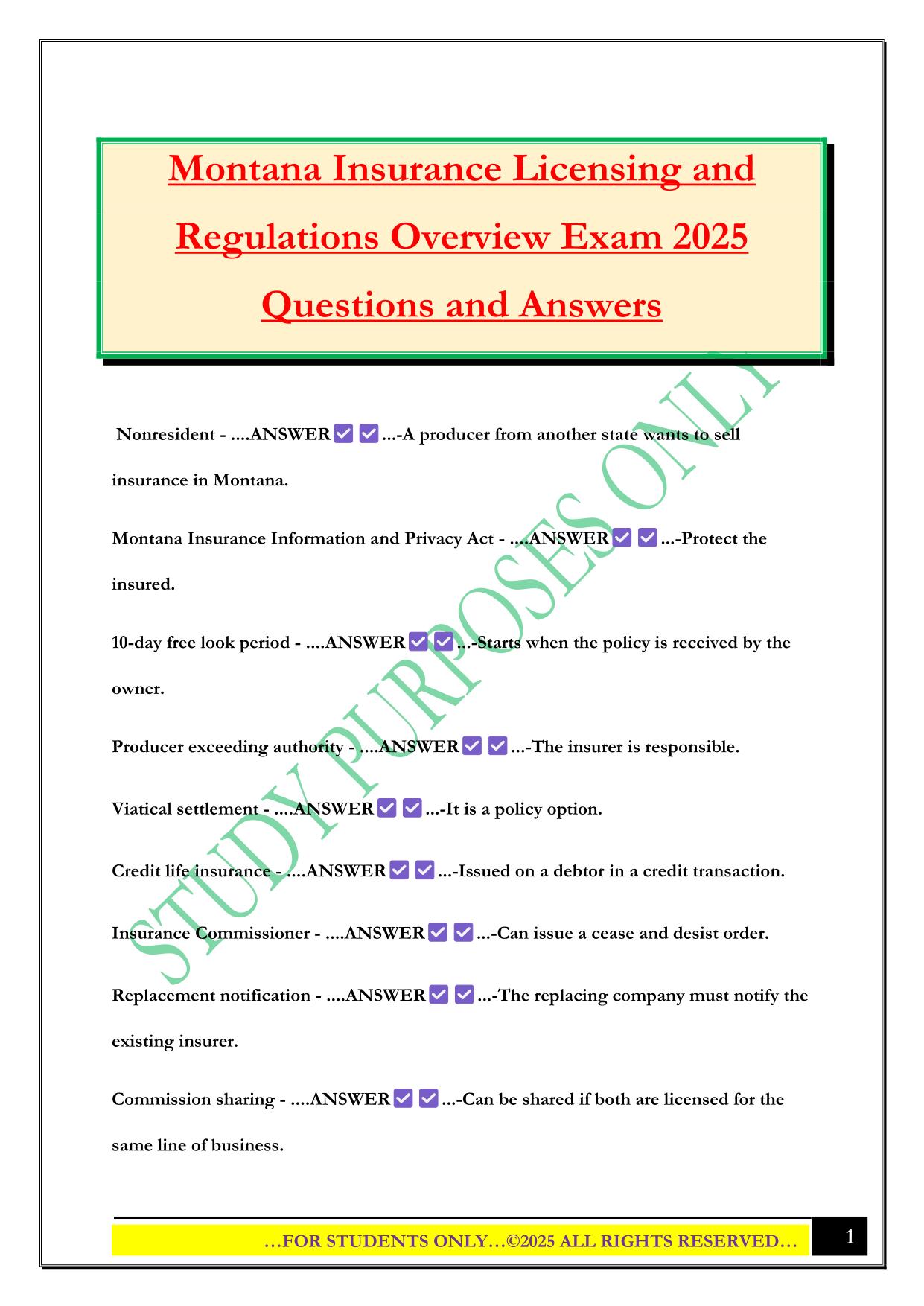 Montana Insurance Licensing and Regulations Overview Exam 2025 Questions and Answers