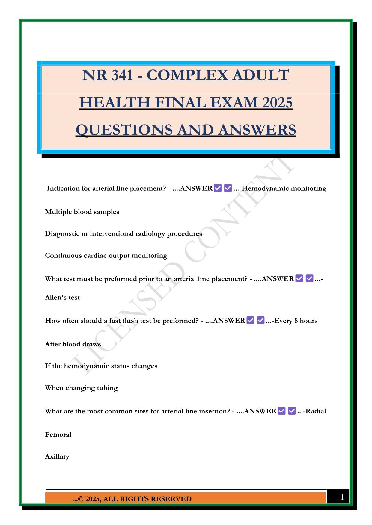 NR 341 - COMPLEX ADULT HEALTH FINAL EXAM 2025 QUESTIONS AND ANSWERS