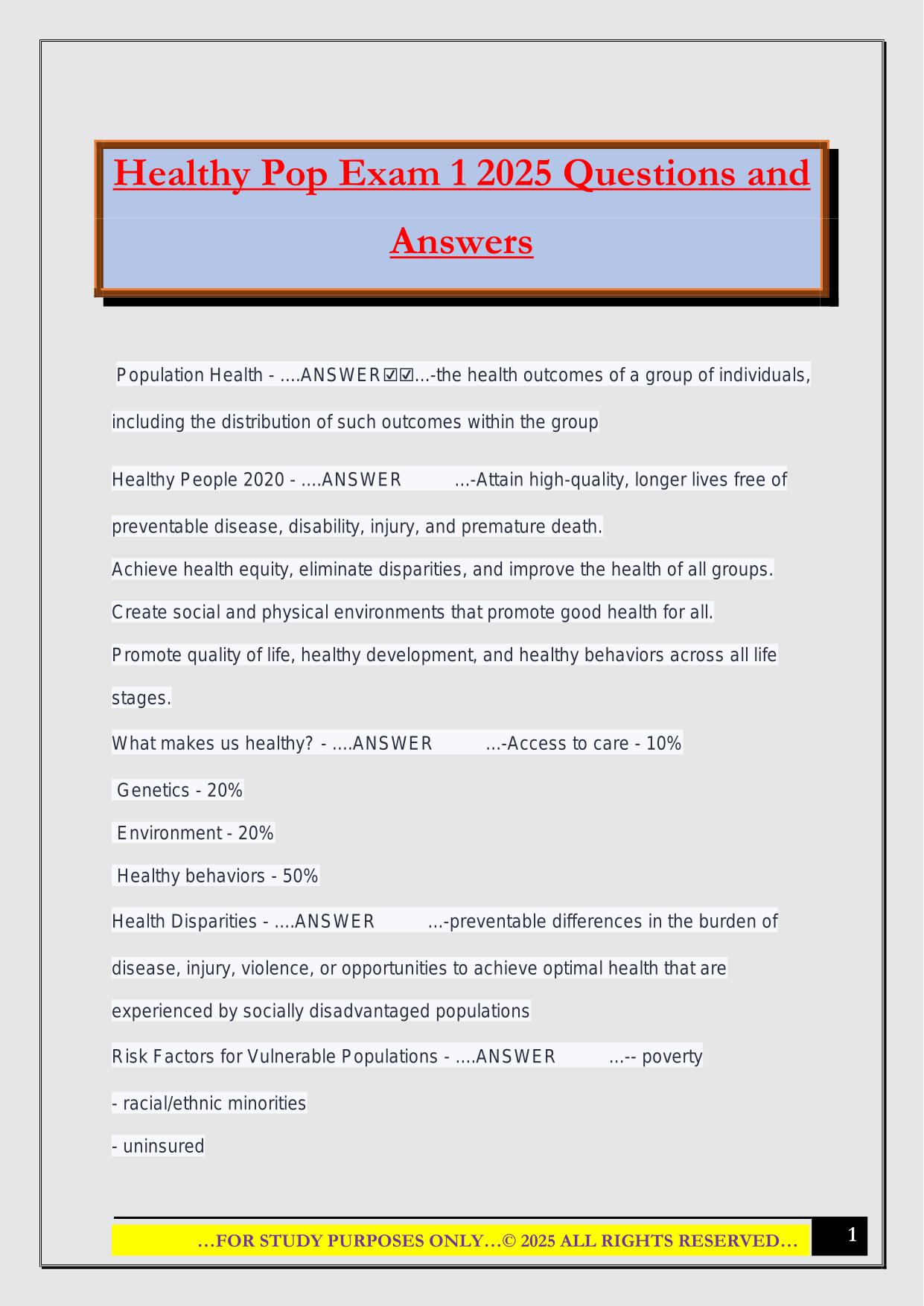 Healthy Pop Exam 1 2025 Questions and Answers