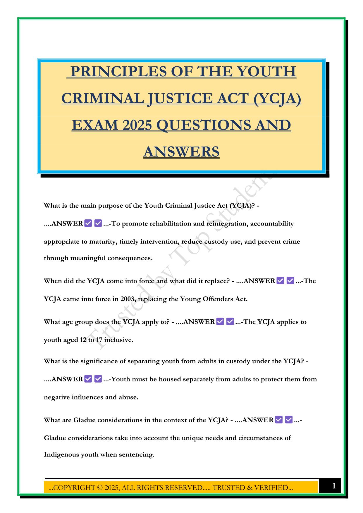 PRINCIPLES OF THE YOUTH CRIMINAL JUSTICE ACT (YCJA) EXAM 2025 QUESTIONS AND ANSWERS