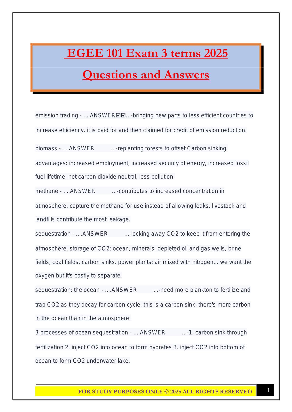 EGEE 101 Exam 3 terms 2025 Questions and Answers