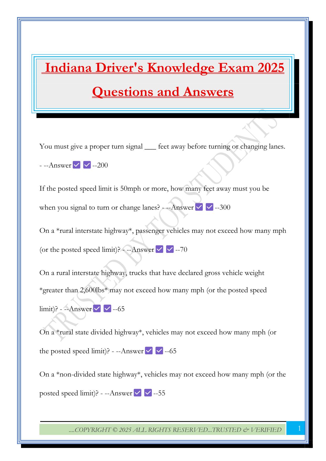 Indiana Driver's Knowledge Exam 2025 Questions and Answers