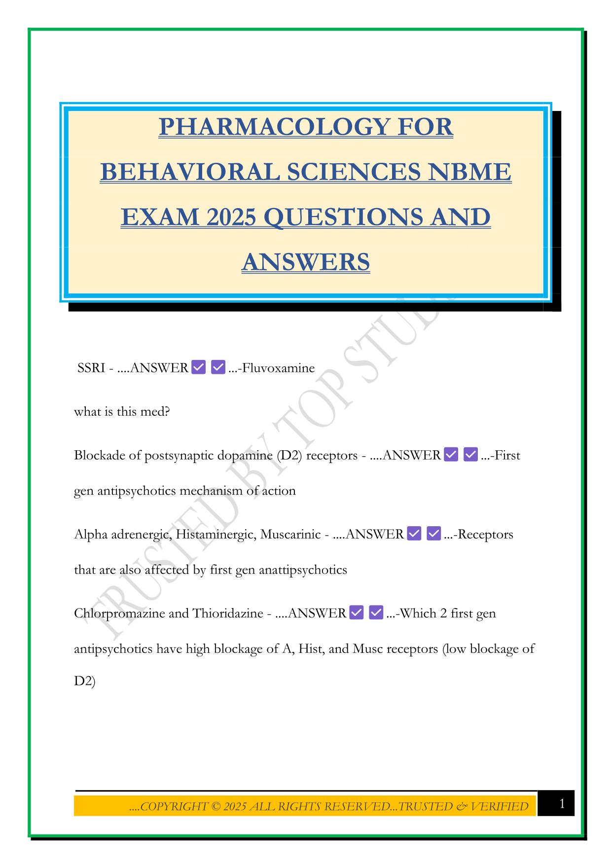 PHARMACOLOGY FOR BEHAVIORAL SCIENCES NBME EXAM 2025 QUESTIONS AND ANSWERS