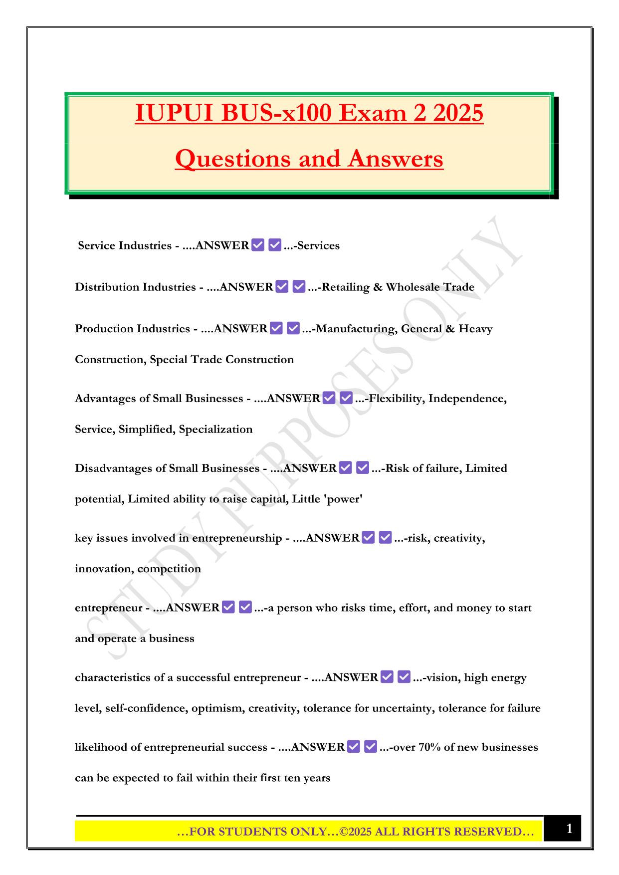 IUPUI BUS-x100 Exam 2 2025 Questions and Answers