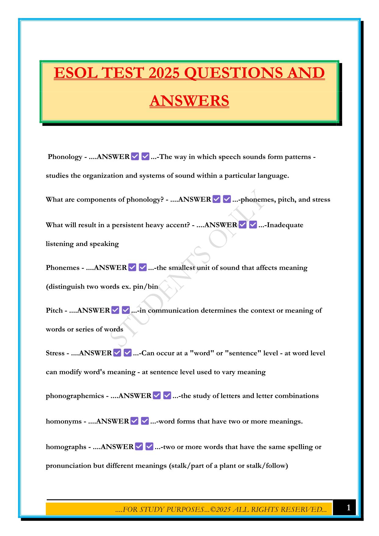 ESOL TEST 2025 QUESTIONS AND ANSWERS