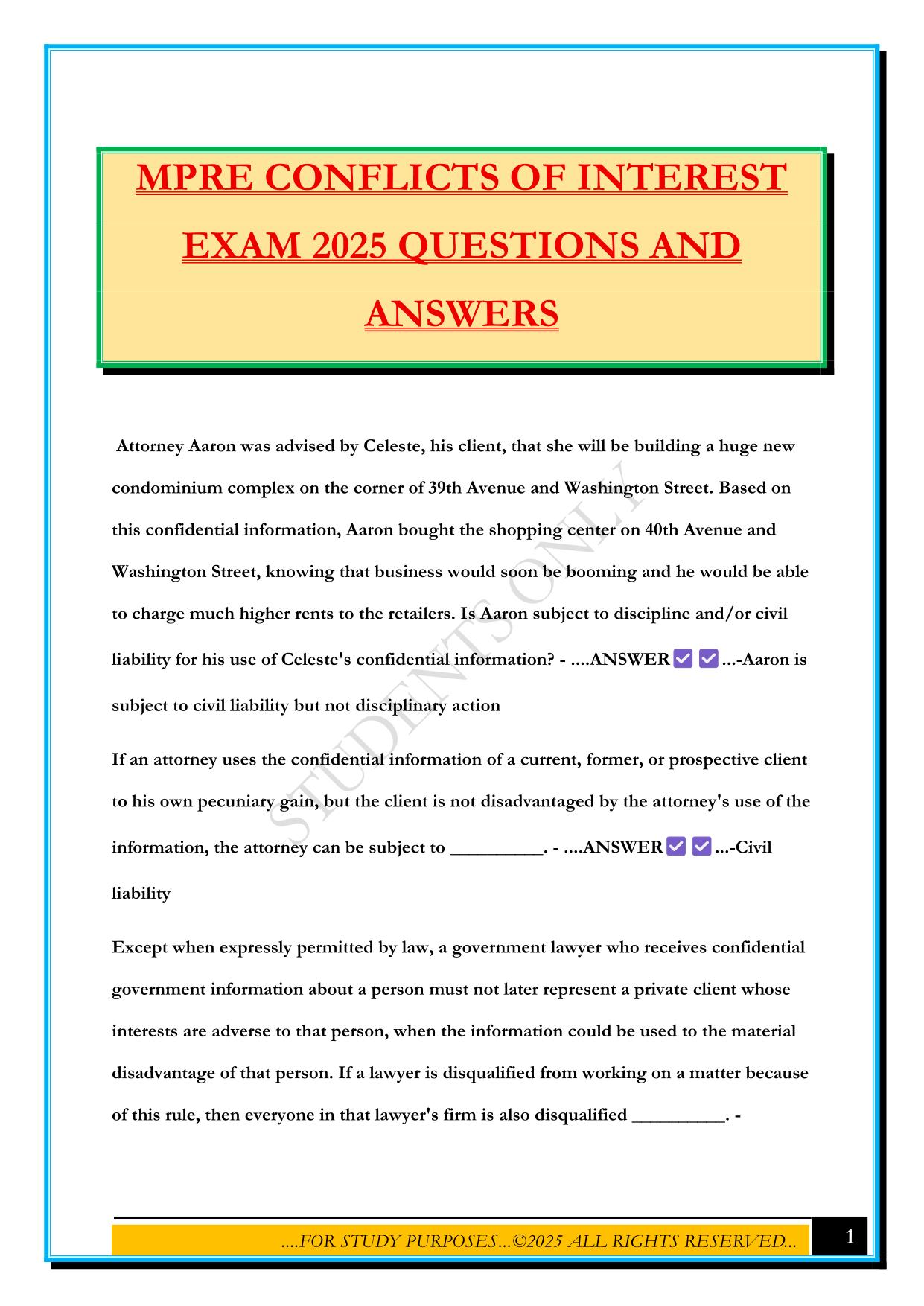 MPRE CONFLICTS OF INTEREST EXAM 2025 QUESTIONS AND ANSWERS