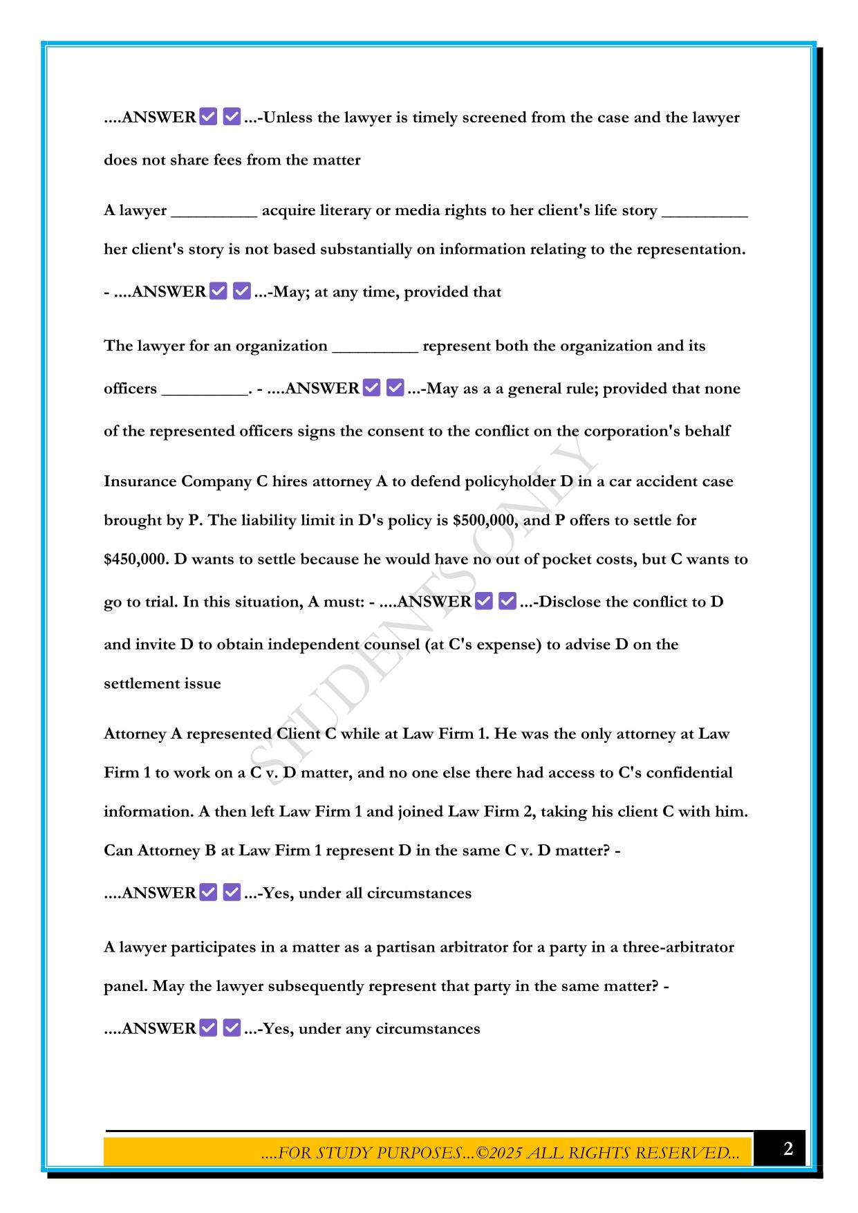 MPRE CONFLICTS OF INTEREST EXAM 2025 QUESTIONS AND ANSWERS