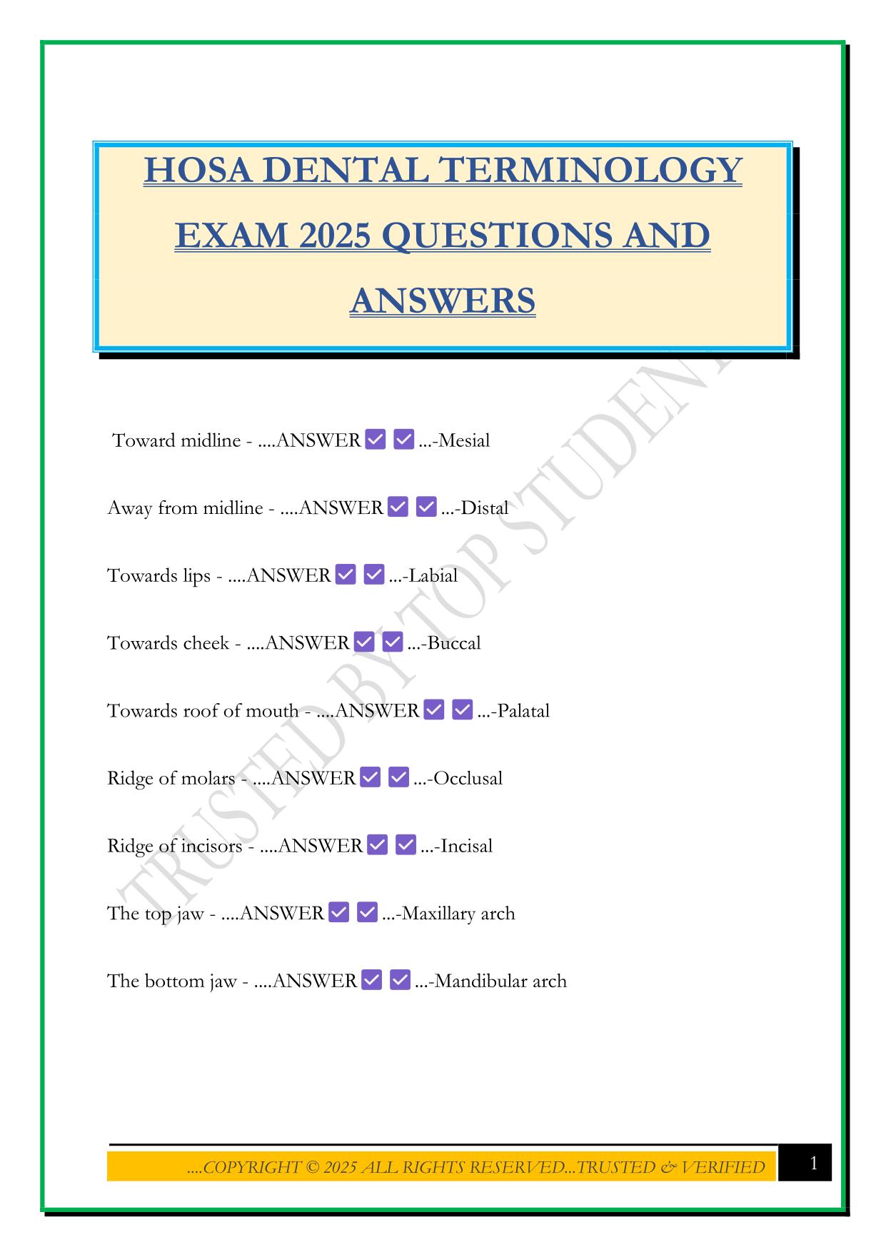 HOSA DENTAL TERMINOLOGY EXAM 2025 QUESTIONS AND ANSWERS