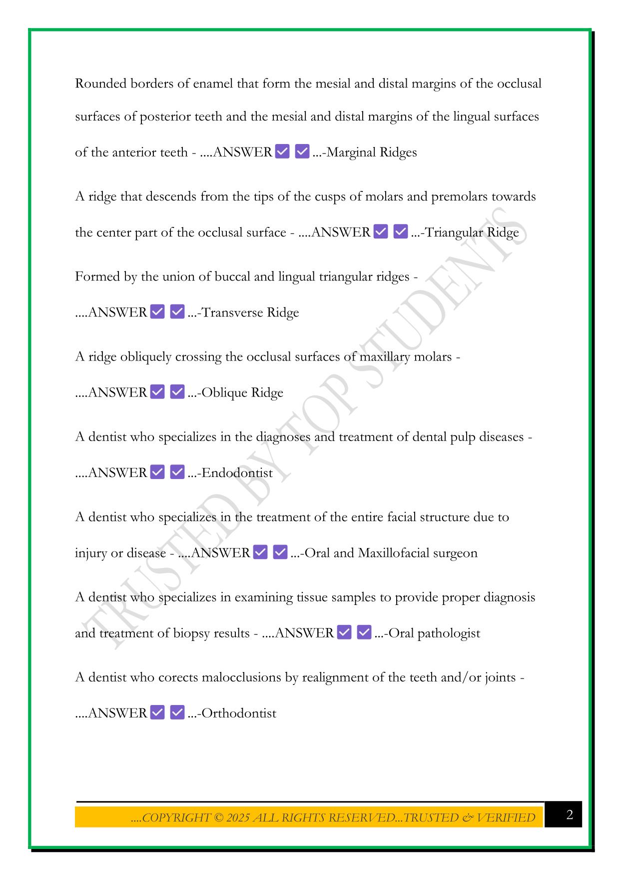 HOSA DENTAL TERMINOLOGY EXAM 2025 QUESTIONS AND ANSWERS