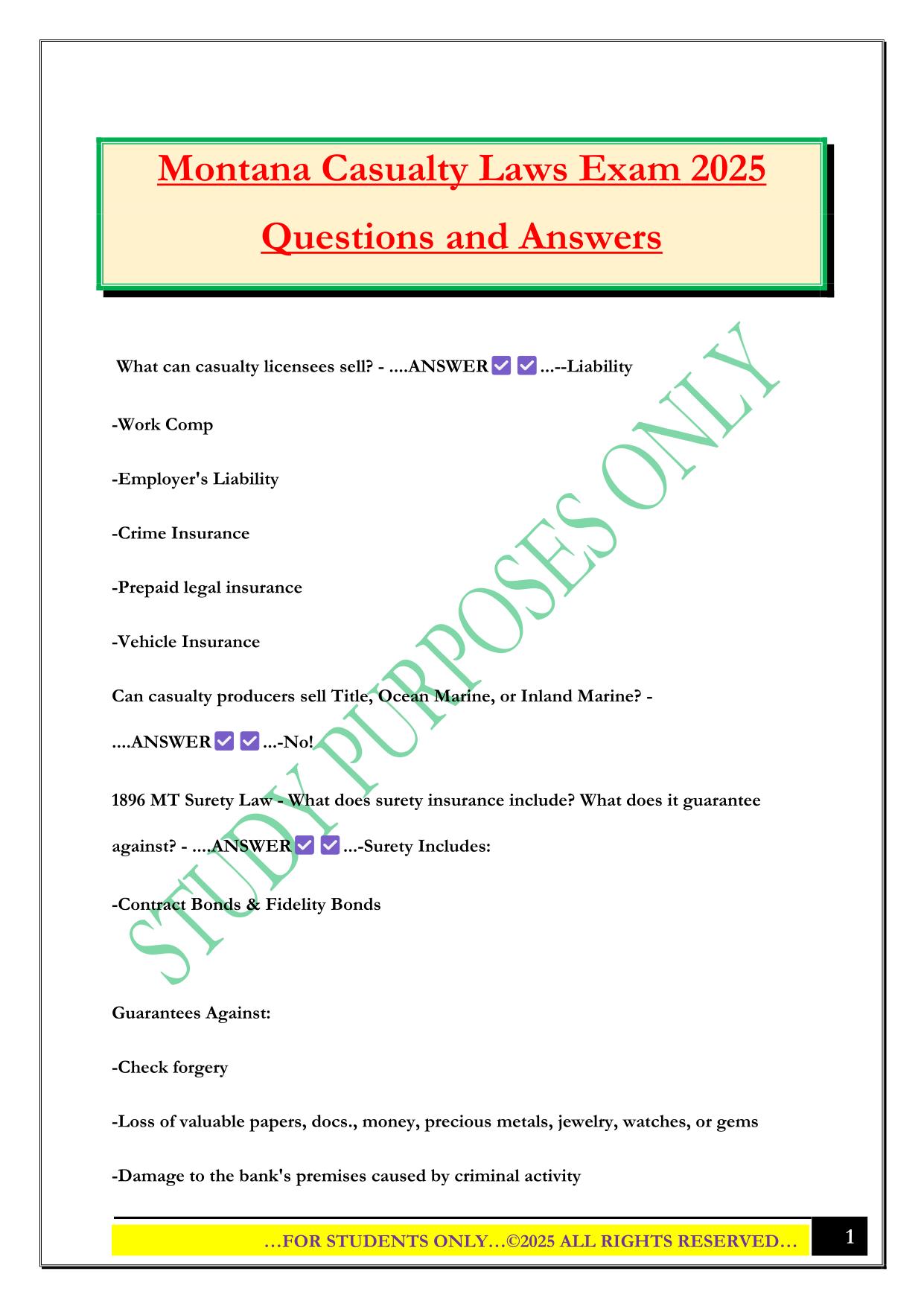 Montana Casualty Laws Exam 2025 Questions and Answers