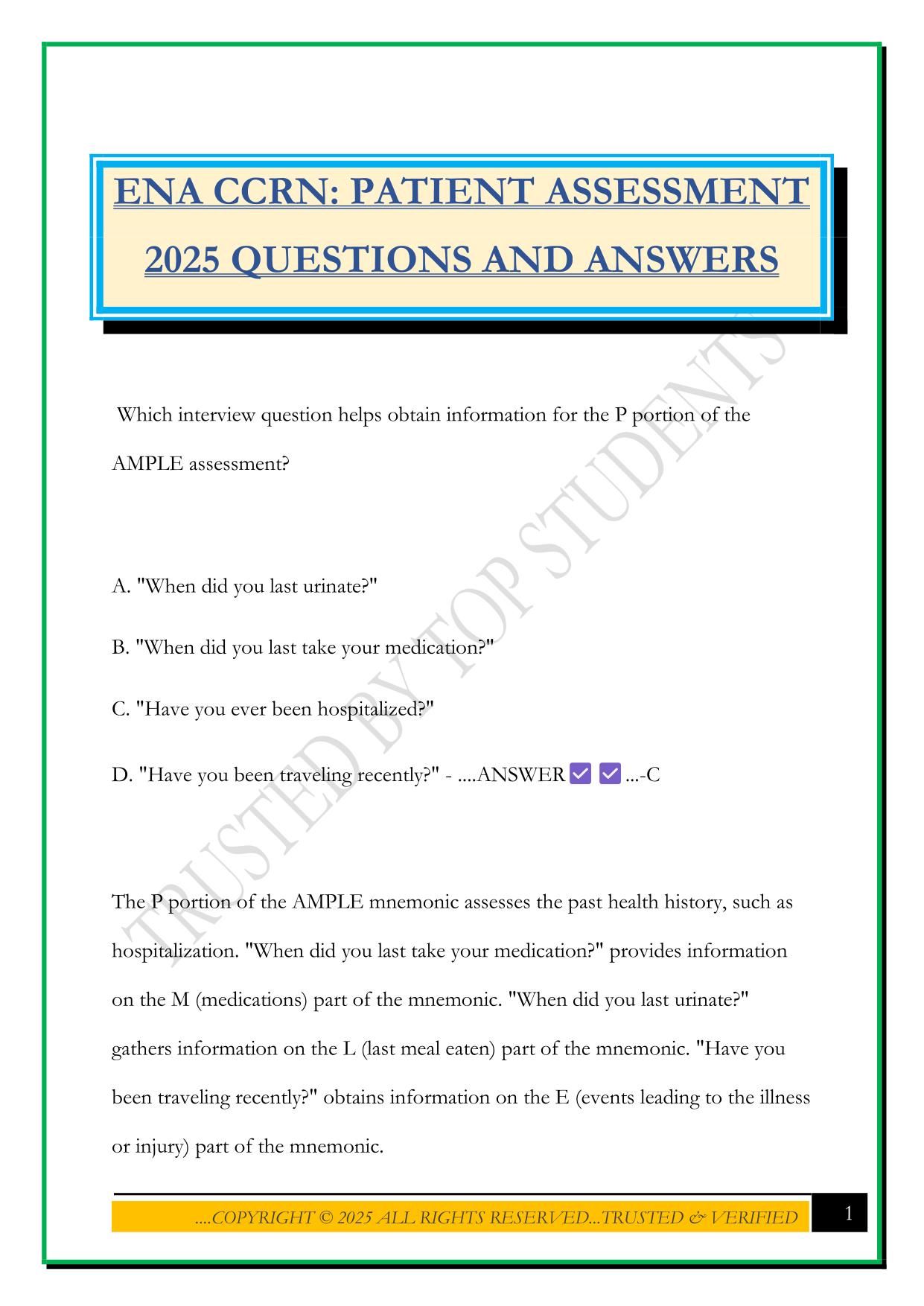 ENA CCRN: PATIENT ASSESSMENT 2025 QUESTIONS AND ANSWERS