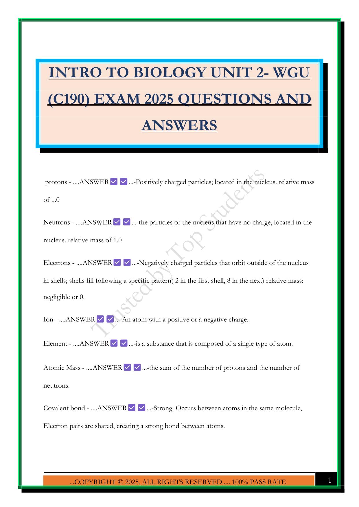 INTRO TO BIOLOGY UNIT 2- WGU (C190) EXAM 2025 QUESTIONS AND ANSWERS