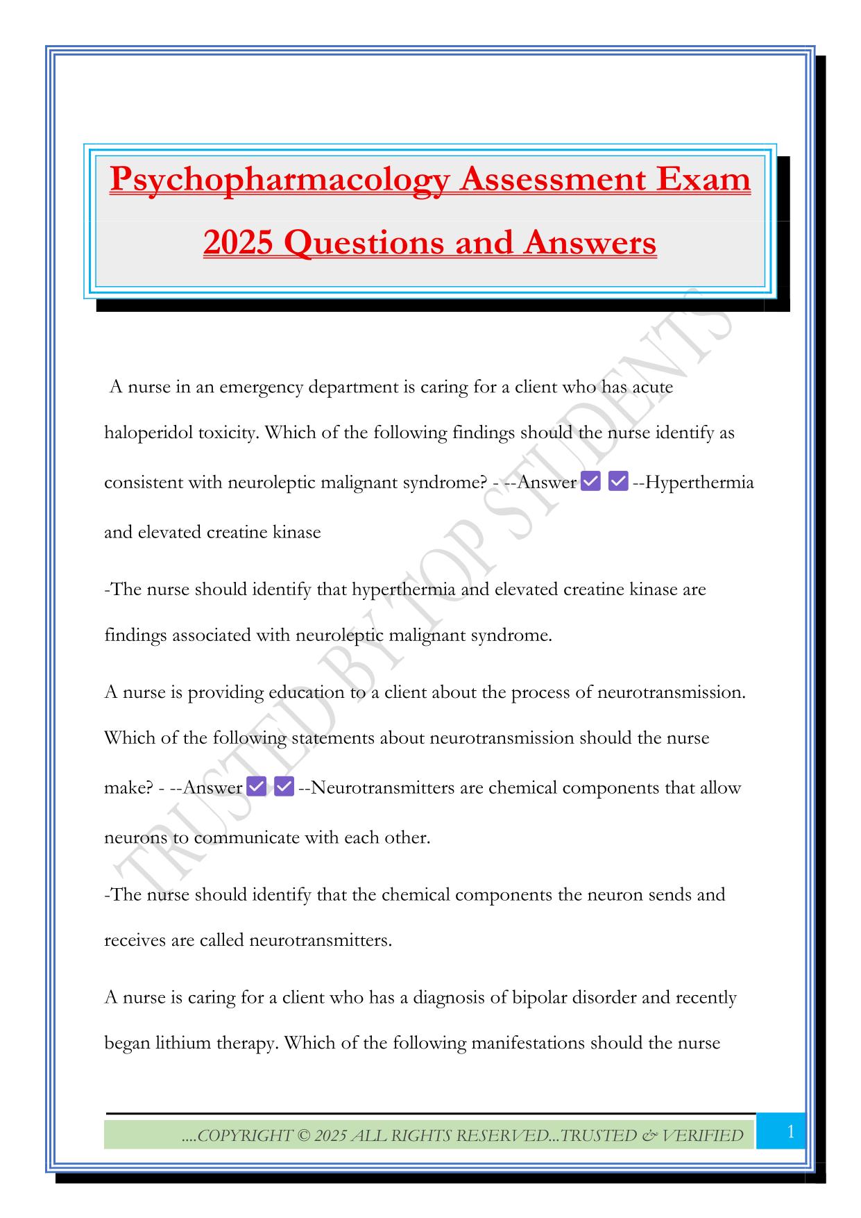 Psychopharmacology Assessment Exam 2025 Questions and Answers