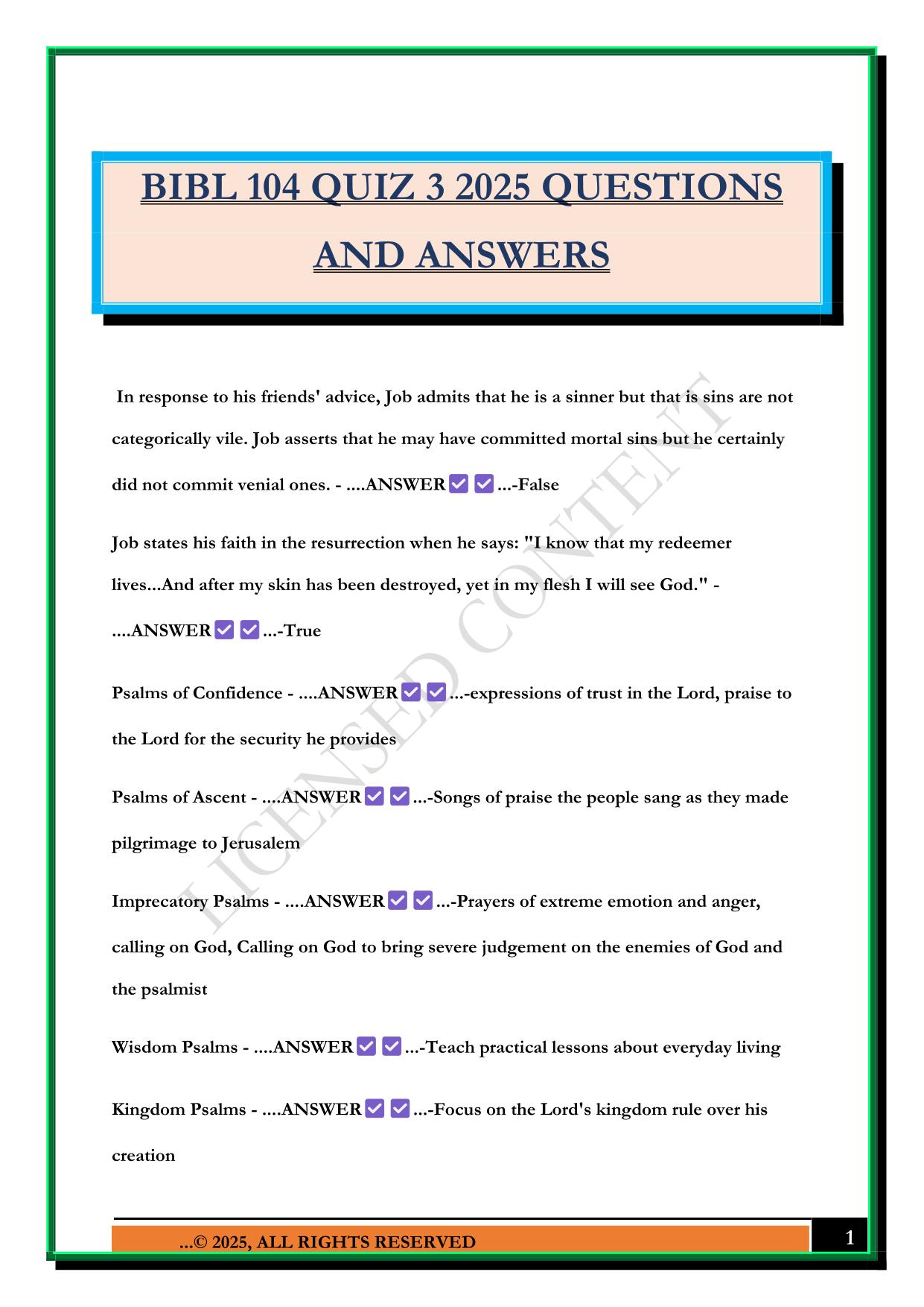 BIBL 104 QUIZ 3 2025 QUESTIONS AND ANSWERS