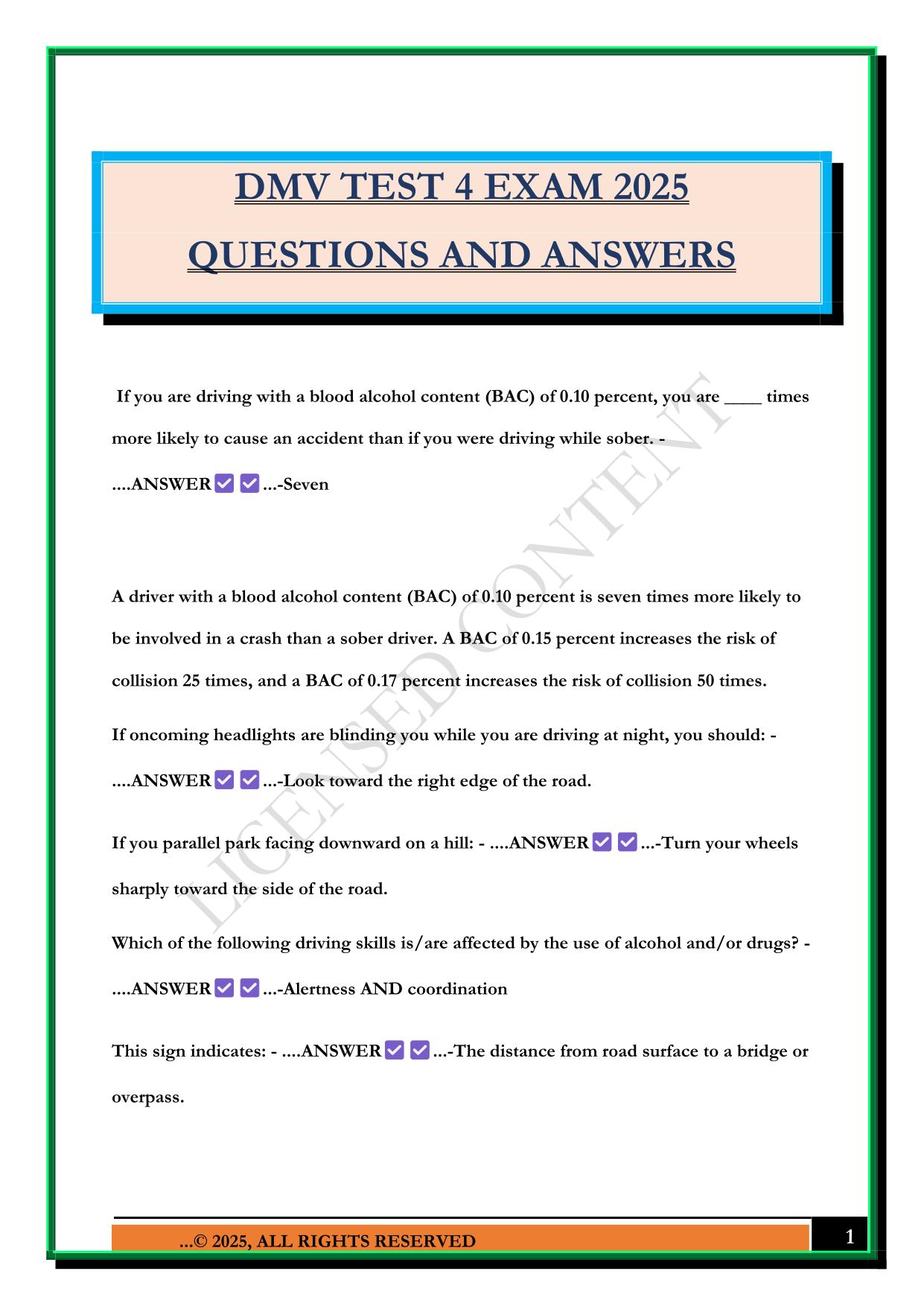 DMV TEST 4 EXAM 2025 QUESTIONS AND ANSWERS