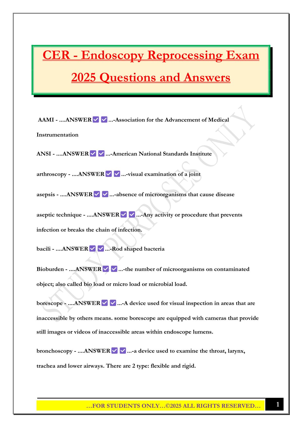CER - Endoscopy Reprocessing Exam 2025 Questions and Answers