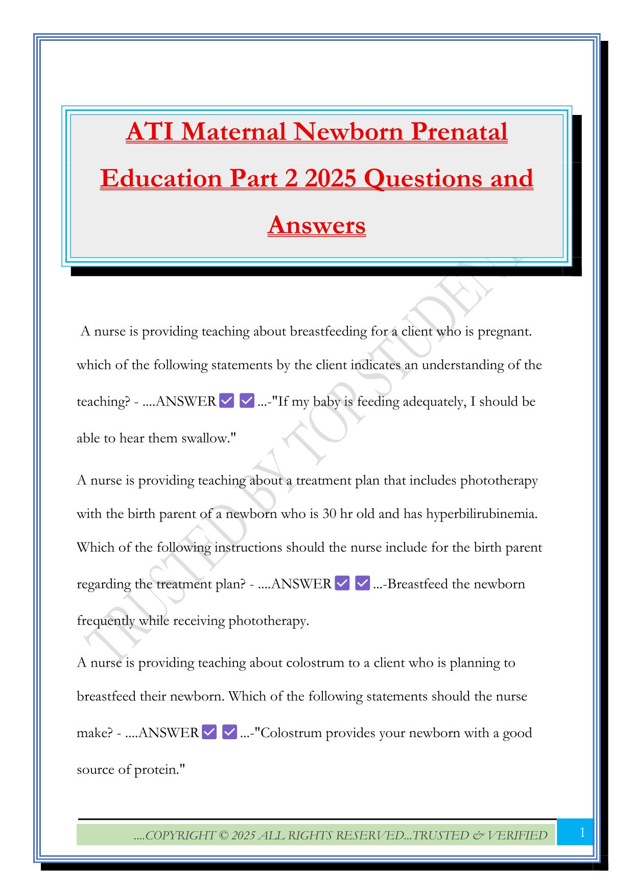 ATI Maternal Newborn Prenatal Education Part 2 2025 Questions and Answers